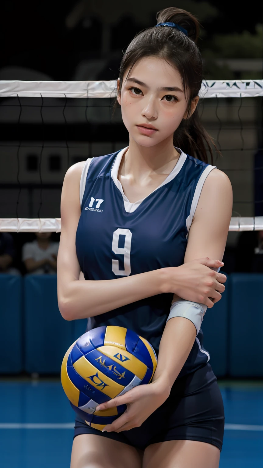 woman posing for a photo,(wearing volley_uniform:1.3), good hand,4k, high-res, masterpiece, best quality, head:1.3,((Hasselblad photography)), finely detailed skin, sharp focus, (cinematic lighting), collarbone, night, soft lighting, dynamic angle, [:(detailed face:1.2):0.2],(((inside volleyball field))),