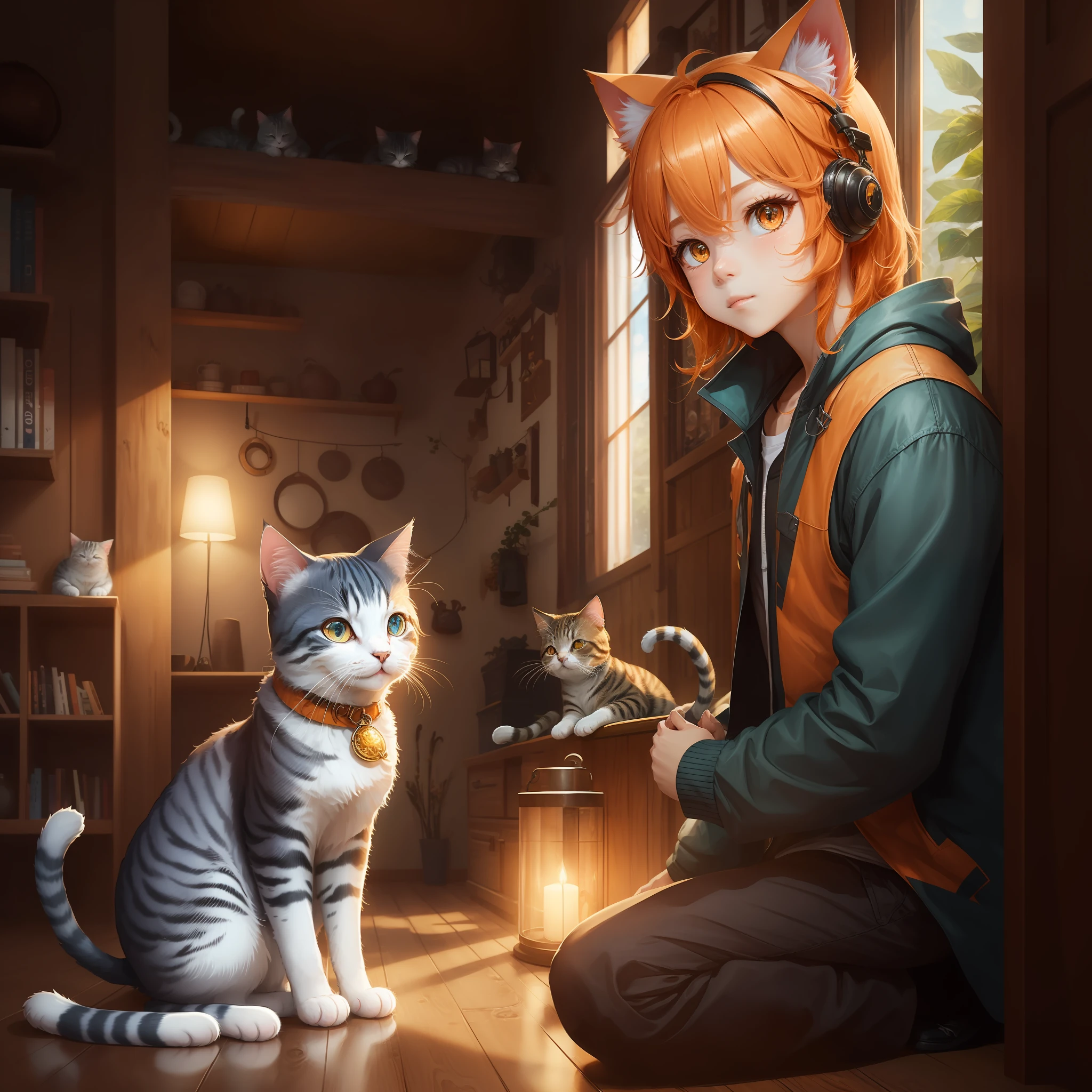 Pet Wind Boy,Bright orange hair,Gentle tan eyes,Two-dimensional style,Fresh and lovely,Medium length hair,Cute cat ears and supple cat tail。 --auto