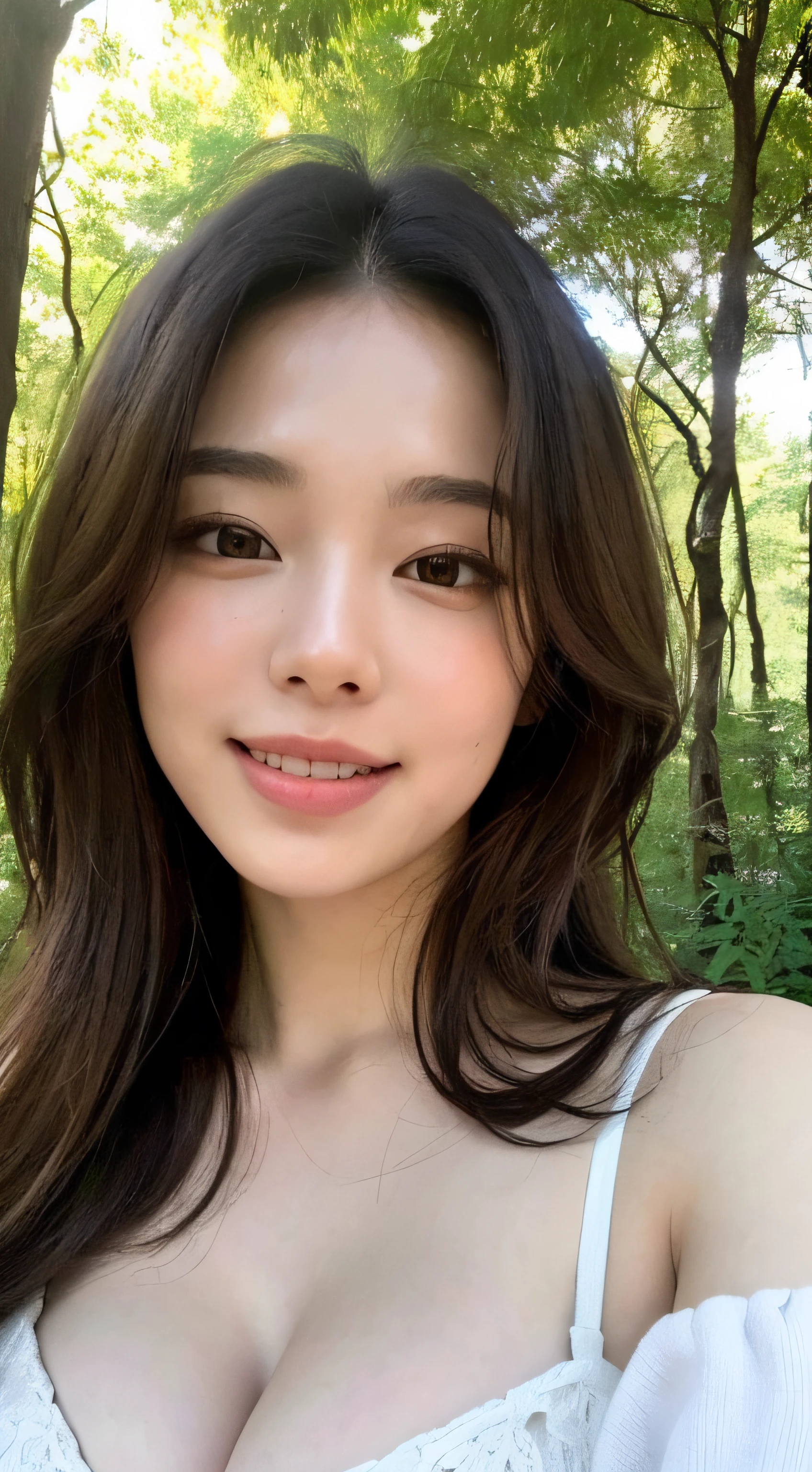 ((Realistic light、Top image quality、8K、masterpiece:1.3))、1girl in、Slim figure beauty:1.4、Brown hair、((ultra gigantic tits:1.3))、Off-shoulder cut top:1.3、Super Detailed Face、detailedeyes、二重まぶた、Own room、A smile、cleavage of the breast、Sagging milk、((droopy chest))、((Beautie))、however、When my morning hair is a mess、I'm hot, Sleeping face、((in woods))、Lakeside