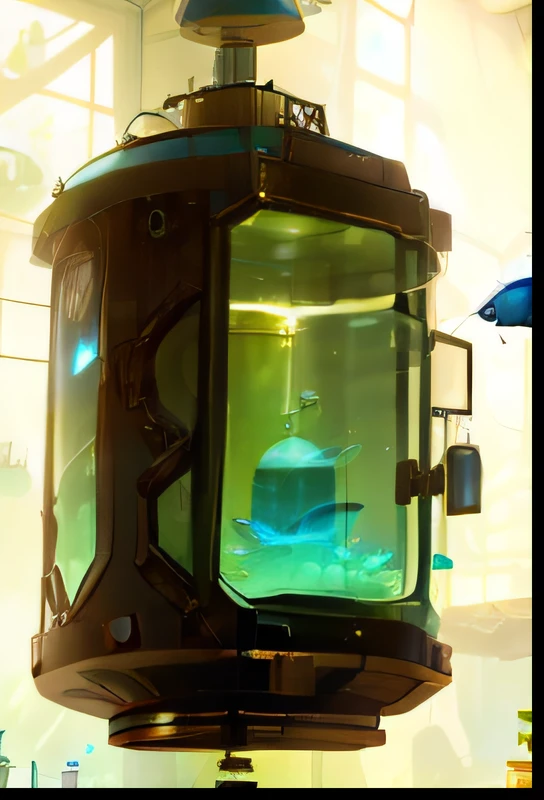 Wood culture vessels,The container has a green transparent glass door, moonshine cybin, containment pod, hyperdetailed scp artifact jar, heavy jpeg artifact, lantern, steampunk diving helmet, dim lantern, reactor core, vernadskys noosphere, [a bioluminescence, Spaceship window, lamp lights ( ( ( fish tank ) ) ) ), open metal maw