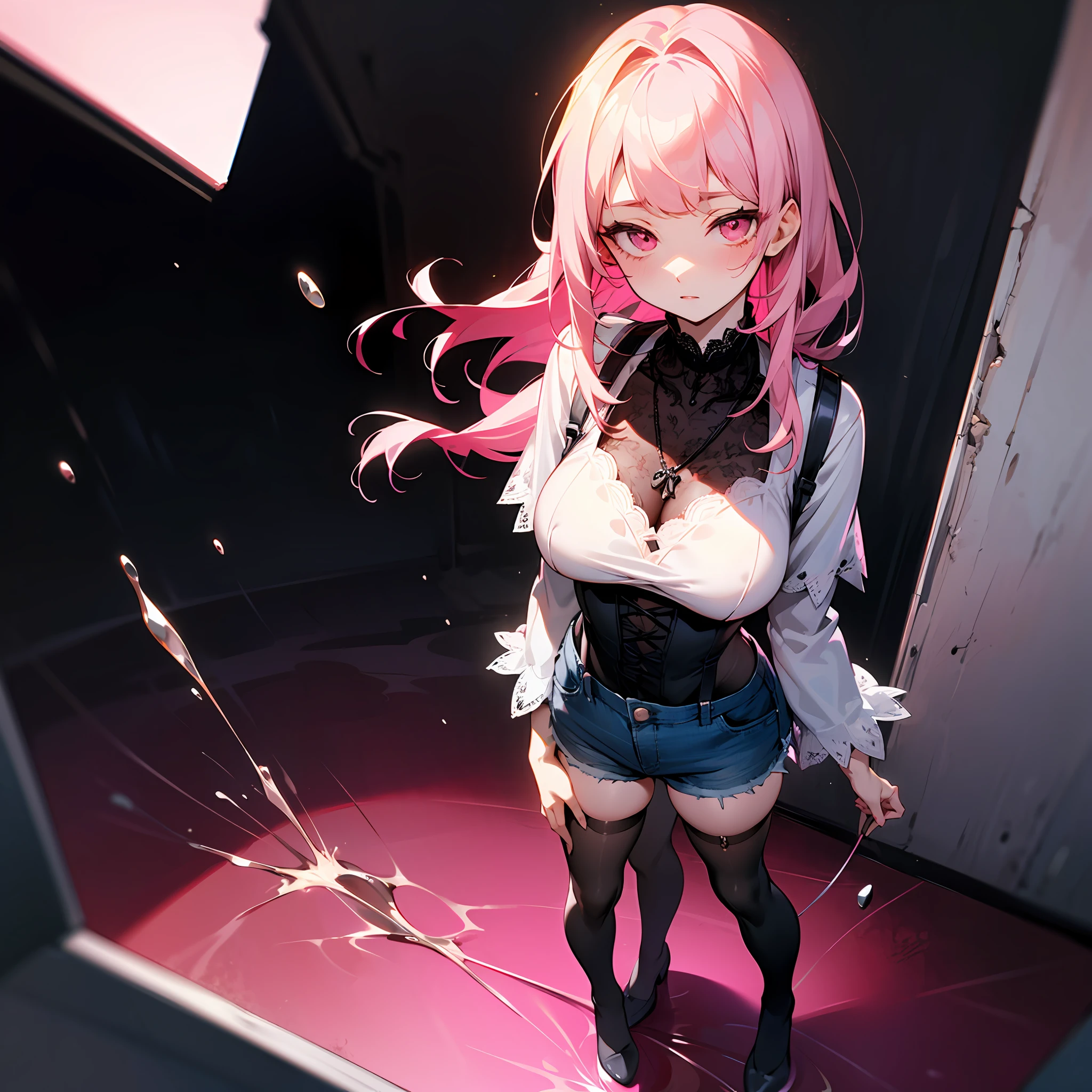 Pale pink hair,Dull hair,Full bangs,Long hair and waist,Lazy expression,half blue, Half-pink eyes,Black suspender lace short-sleeved leaky top,B cup bust,Black necklace,denim short,Black over-the-knee stockings,standing on your feet,1girl,Full body like,4 k hd wallpaper