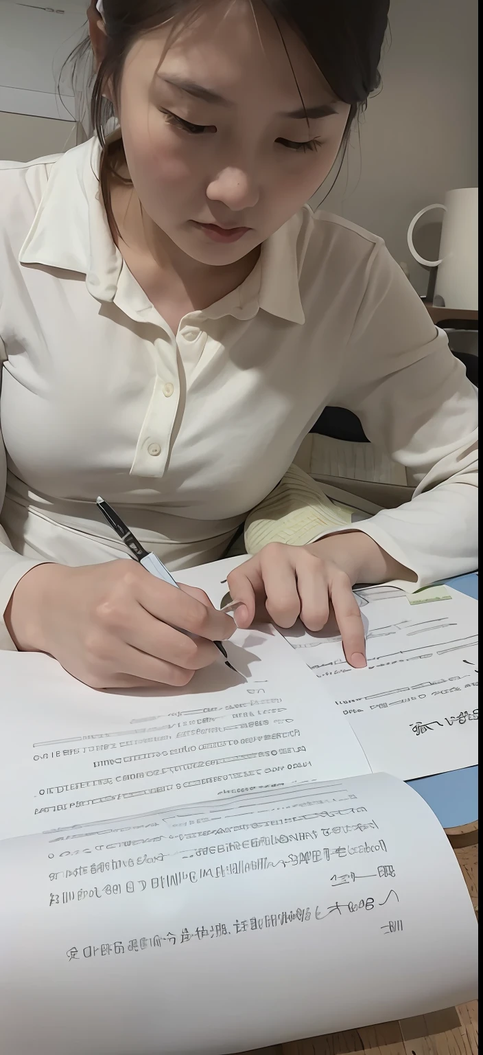 Chinese woman sitting at a table writing a letter with a pen, full subject shown in photo, trying to study, French writing, research, studyng in bedroom, Student, hand lying on table, Sign the bill, Writing a letter, studying in a brightly lit room, pen and paper, text on paper, well edited, documents on desk