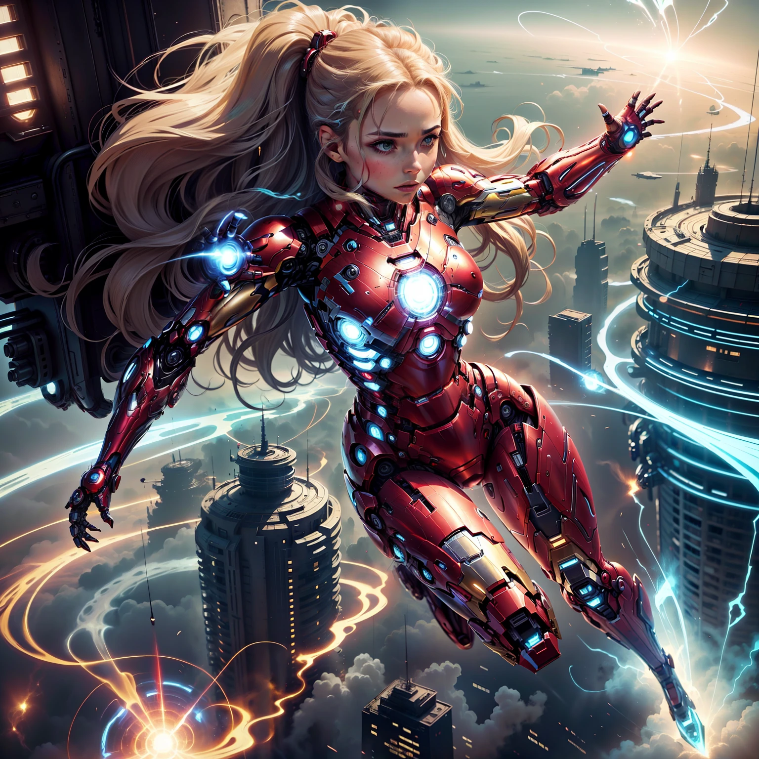 The female version of Iron Man,Fly through the air in an Iron Man suit,He didn't wear a helmet and had long flowing hair,The background is that the city is being destroyed by monsters --auto