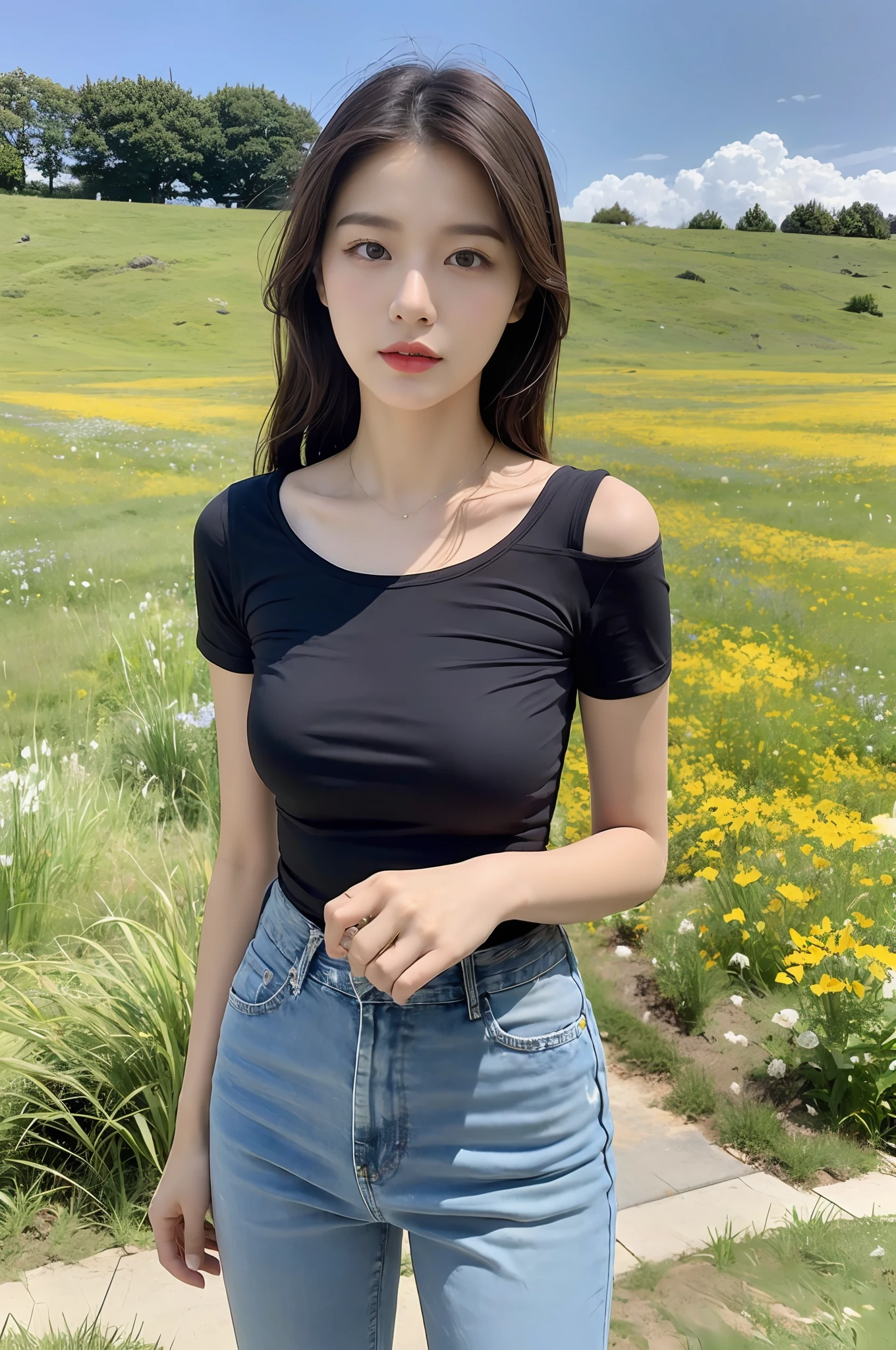 (best qualtiy:1.4),Complicated details,20 year old Korean girl,Wear a loose black T-shirt and skinny jeans,Stand in the grass and take pictures,Detailed meadow