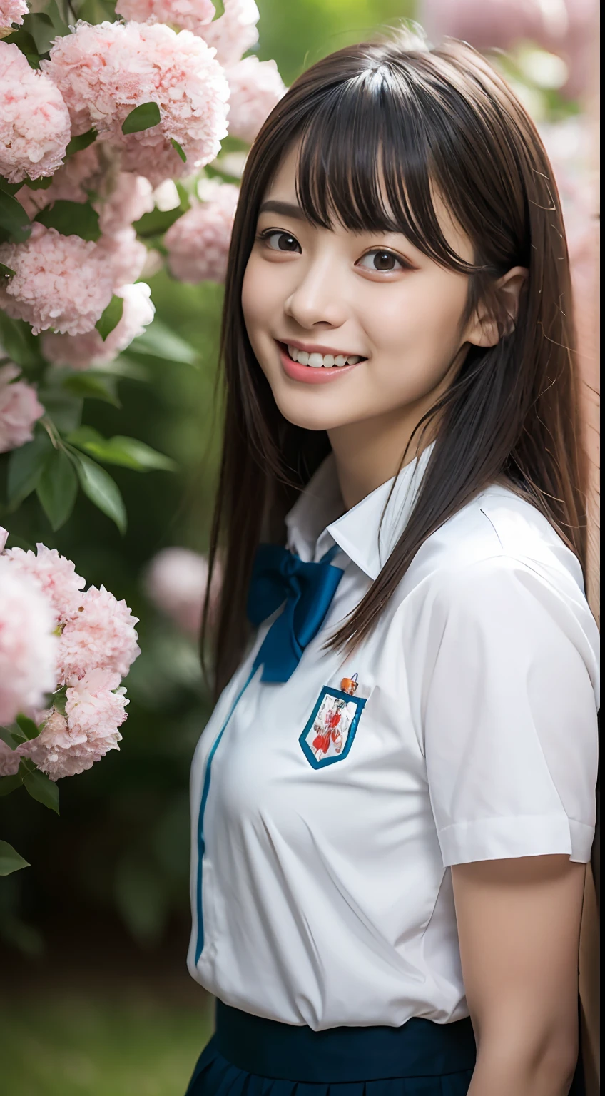 (8k, RAW photo, best quality, masterpiece:1.2), ultra detailed, ultra high res, (realistic, photo realistic:1.37), high detail RAW color photo, professional photograph, depth of field, an extremely delicate and beautiful, extremely detailed, 8k wallpaper, Amazing, finely detail, huge file size, official art, extremely detailed CG unity 8k wallpaper, extremely detailed beautiful girl, extremely detailed face, extremely detailed eyes, extremely detailed skin, extremely detailed fingers, extremely detailed nose, extremely detailed mouth, perfect anatomy, highly detailed background, extremely detailed clothing, 1girl, (18 years old:1.2), teenage, cute girl, famous japanese idol, kawaii, realistic body, petite, fair skin, shiny skin, slender body, good figure, black hair, long straight hair, (blunt bangs:1.2), smile, cute, young, cute face, baby face, realistic face, beautifully detailed eyes, drooping eyes, beautiful big eyes, large dark eyes, beautiful and clear eyes, (school uniform:1.2), bow, white collared shirt, skirt, short sleeve, looking at viewer, cowboy shot, face the front, standing posture, contrapposto, outdoors, midday, field, carpet of flowers, flowers all over, surrounded by flowers, colorful flowers, dynamic lighting,