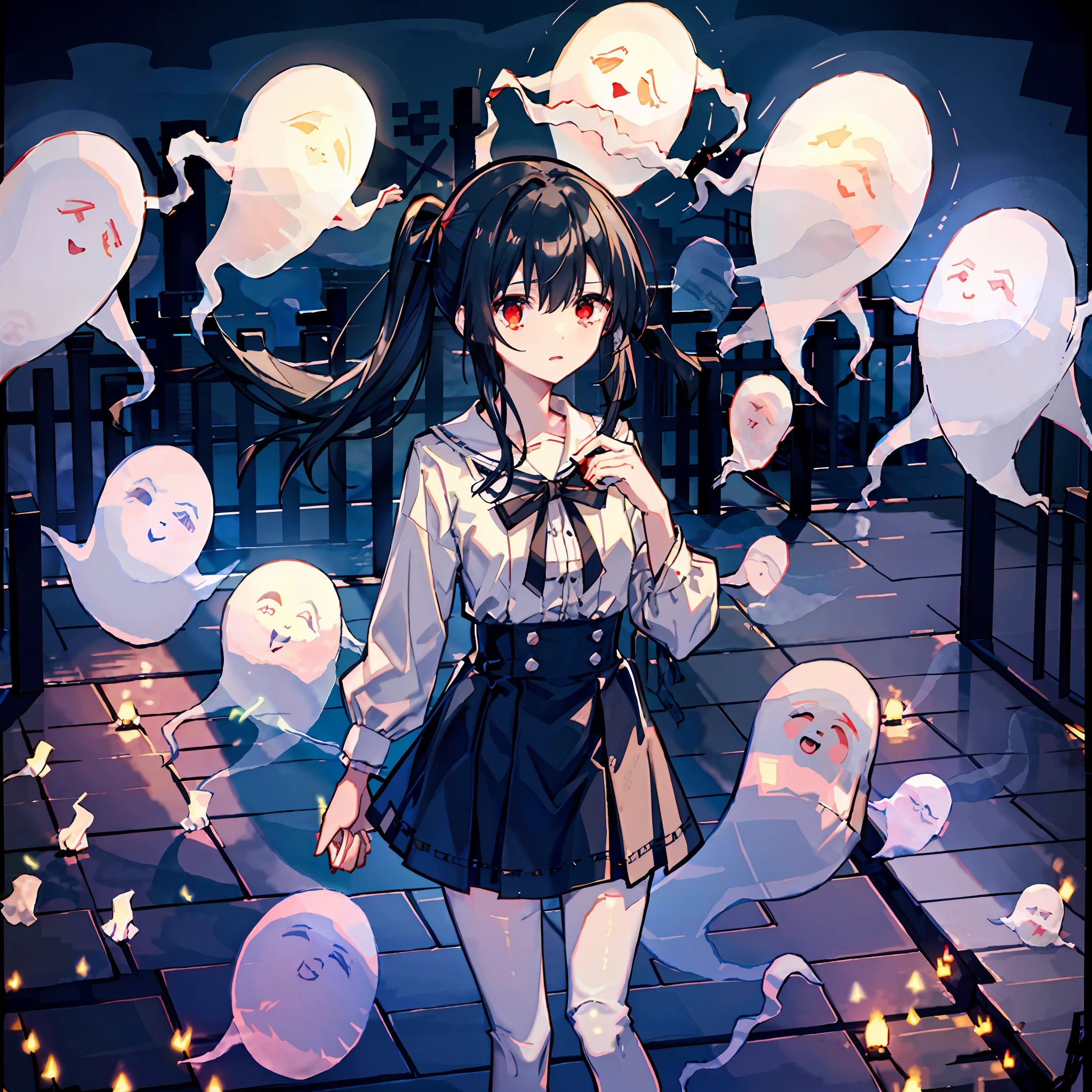 top-quality、masterpiece、hight resolution、ighly detailed、a 1 girl、cute little、animesque、Crystal clear white skin、Functional、Whole human body、a 、14years、(Hair color is blaair)、Hospital ruins、small tits、yandere、Horror、Manju Sosai、Red Eyes、Midnight、High contrast、Long hair that extends to the floor、childish、Gamine、a black ribbon、poneyTail、(ghosts:2.2)、faint、Doya face、(Holding a ghost in your hand:1.8)、exorcist