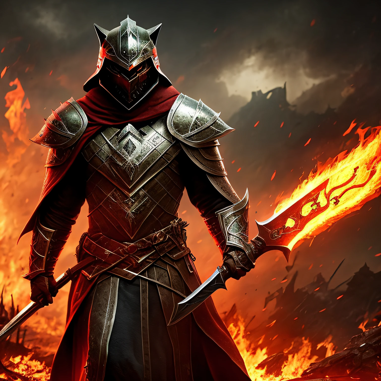 Man in light armor，Wearing a wolf-type helmet，The great sword slashes at the enemy，The battlefield is surrounded by the living dead，Surrounded by flames，The blood-red cloak flew，Cinematic lighting effects --auto