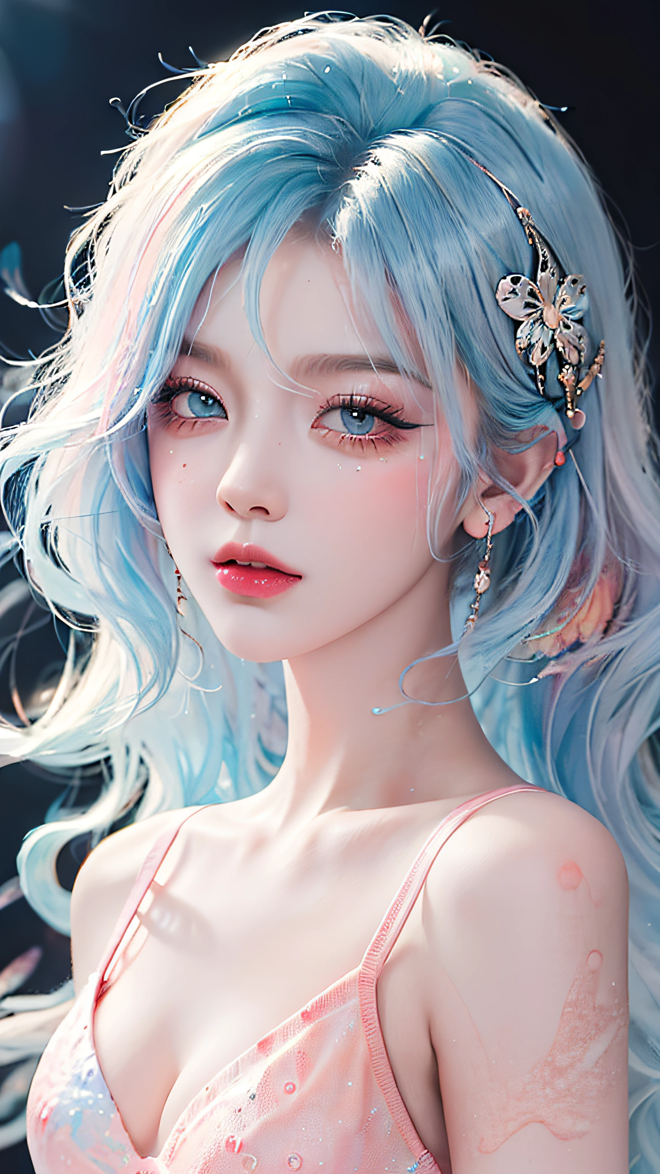 (Masterpiece, Best Quality, High Resolution), White Background, Acrylic Paint, ((Color Splash, Splash of Ink, Color Splash)), Sweet Chinese Girl, Long Light Blue Hair, [Light Blue|Pink] Hair, Curly Hair, Glitter, Peach Lips, [Light Blue|Pink] bra, Front, Upper Body