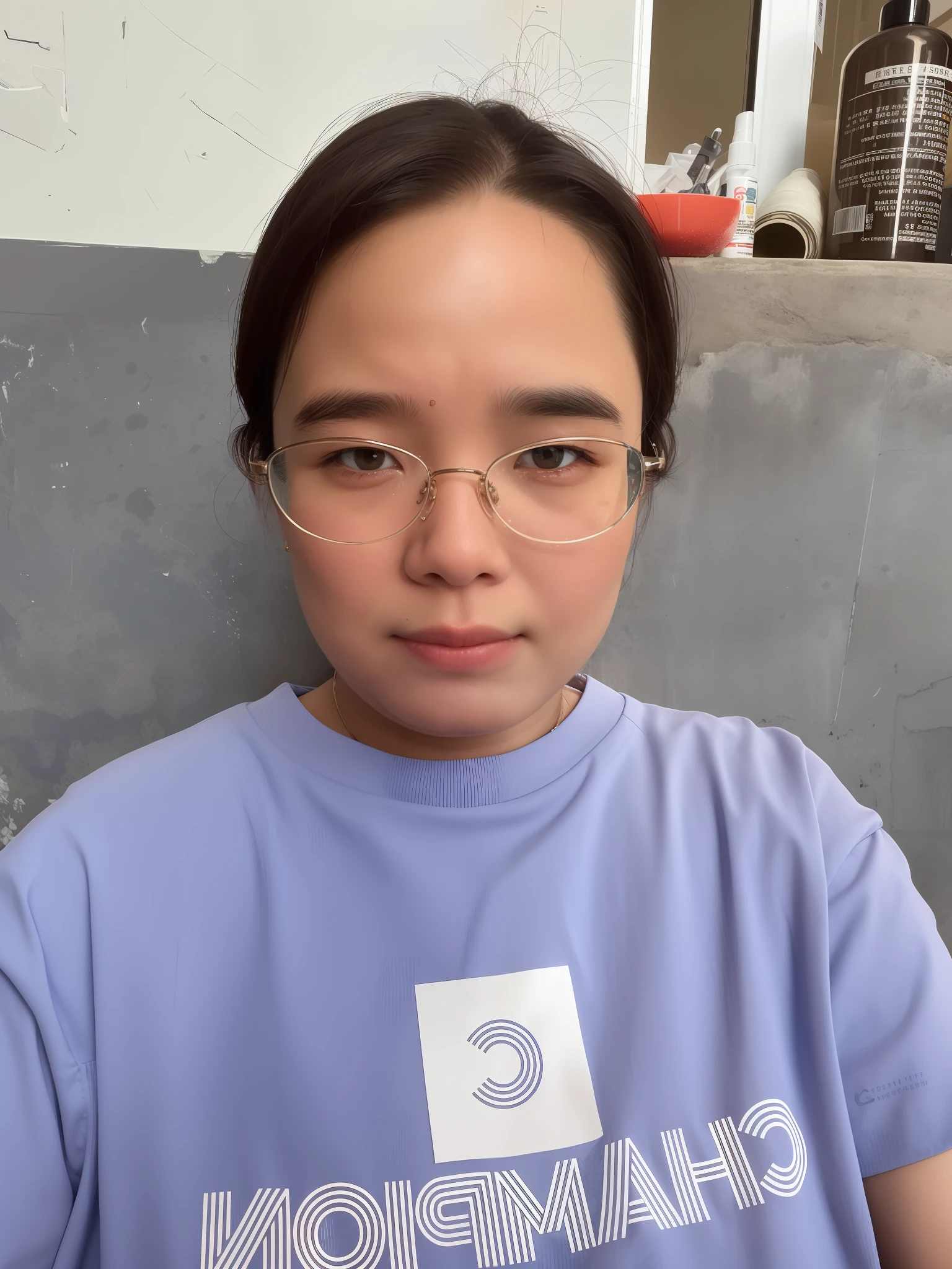there is a woman wearing glasses and a blue shirt, dang my linh, with round face, inspired by Ruth Jên, wearing small round glasses, face with artgram, wearing round glasses, mai anh tran, 2 8 years old, wearing thin large round glasses, 2 7 years old, in style of lam manh, Girl with round glasses Mecha skin Body convex front and back upturn Big ass Sci-fi style