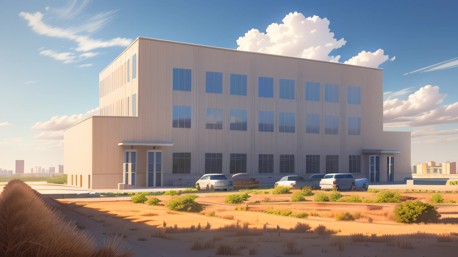 Rendering of a building with lots of windows and sky background, Office building, building facing, realistic building, multistory building, sharp focus ilustration hq, drawn with photoshop, [[empty warehouse]] Background, Single building, full building, cel-shaded:15, in style of simplified realism, realistic establishing shot, sharp foccus ilustration hq