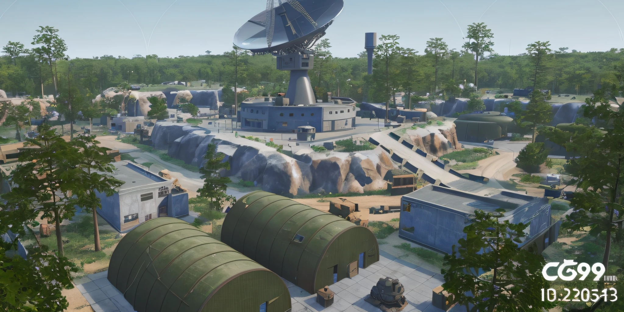 Alafid view of a satellite dish in a city with trees, Military outpost, military base, mining outpost, research outposts, softair arena landscape, inside a futuristic army base, Futuristic outpost building, Research station, military base, military camp in the background, steam workshop maps, futuristic base, sci - fi setting,