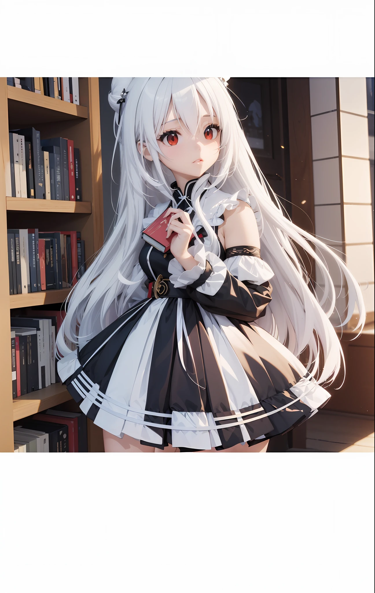 (Extremely beautiful 3D anime girl:1.5) Holding a book in a black and white dress,Show small curves,Cute sexy little servant dressed up,(realisticlying,whaite hair:1.2) The light texture is fantastic,Charming comic book style,4k高清,The soft hair of the cute girl,Fairy-like white-haired girl