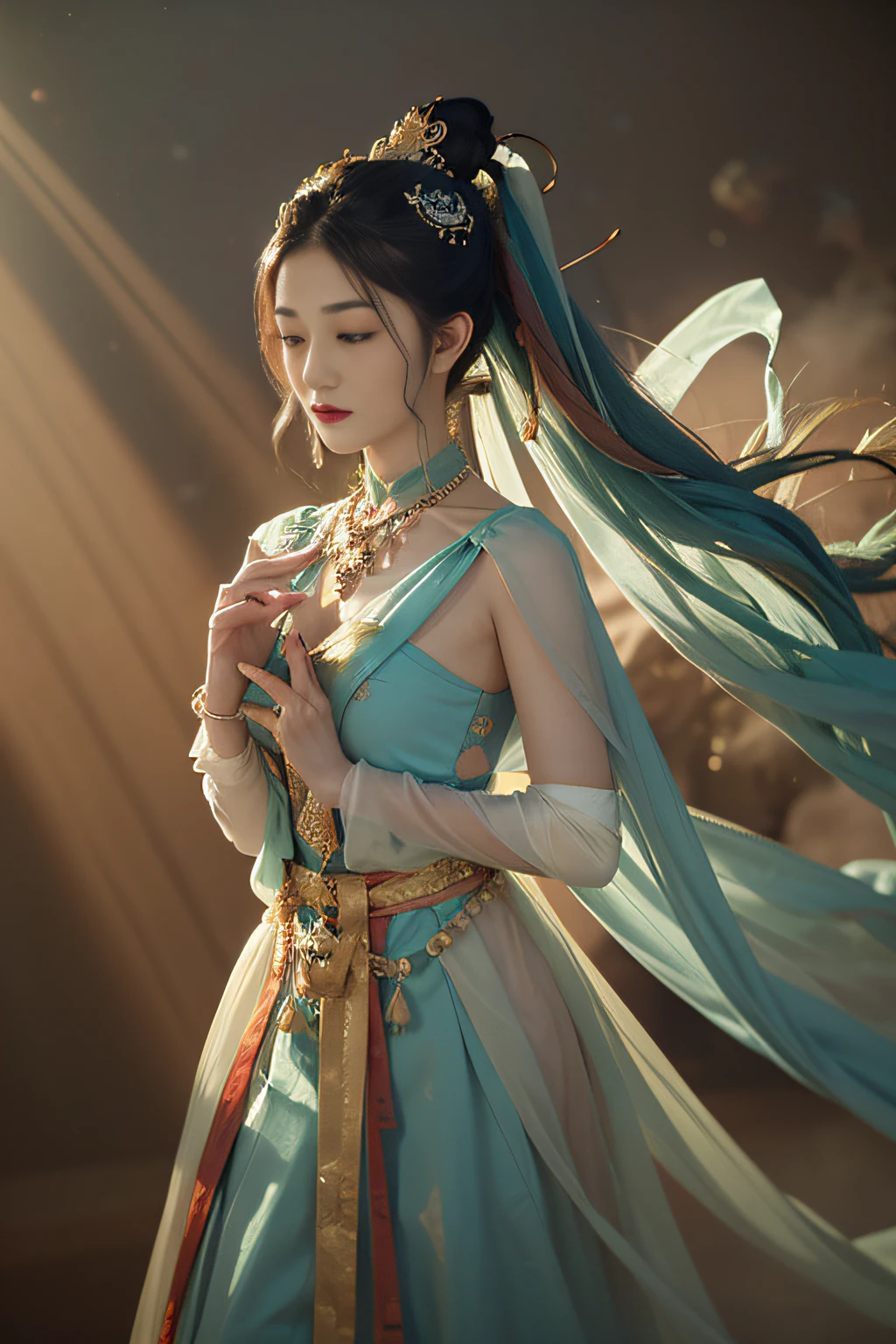 1girl, Dunhuang Flying Apsaras costume, messy long hair, Ji Jian, Dunhuang style, a lot of smoke, superb, elegant colors, (realistic, high detail, masterpiece, super detailed, dynamic angle, mural background, ink wash, amazing, movie lighting, illustration, chiaroscuro, backlighting, god rays, holland, best quality, best quality