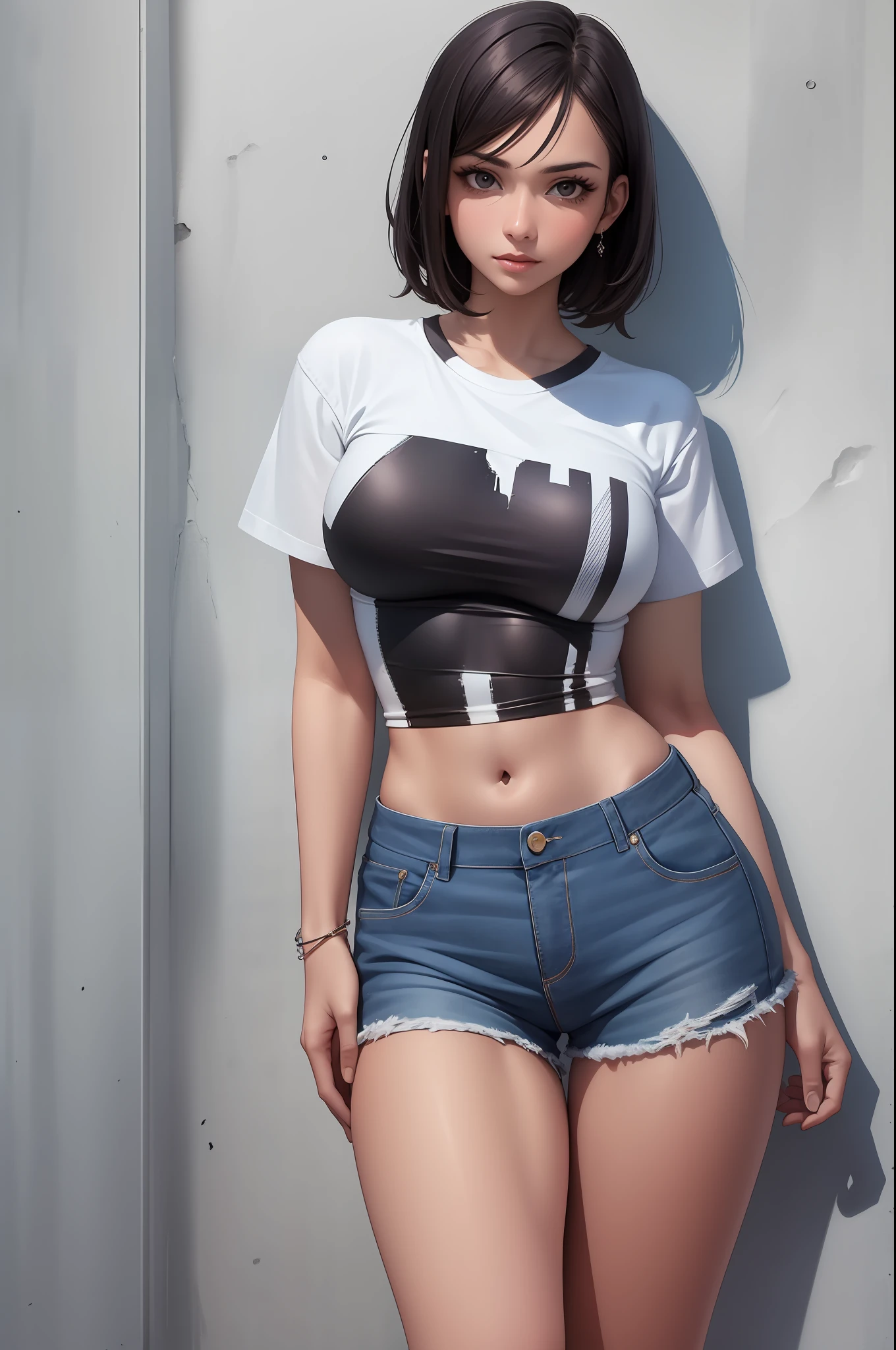melhor qualidade, obra-prima, (realista: 1.2), 1 mulher, 25 anos, cabelo castanho ondulados, olhos castanhos,Frente, rosto detalhado, olhos lindos, corpo magro, usando camiseta, mulher latina, usando shorts, pose de modelo,