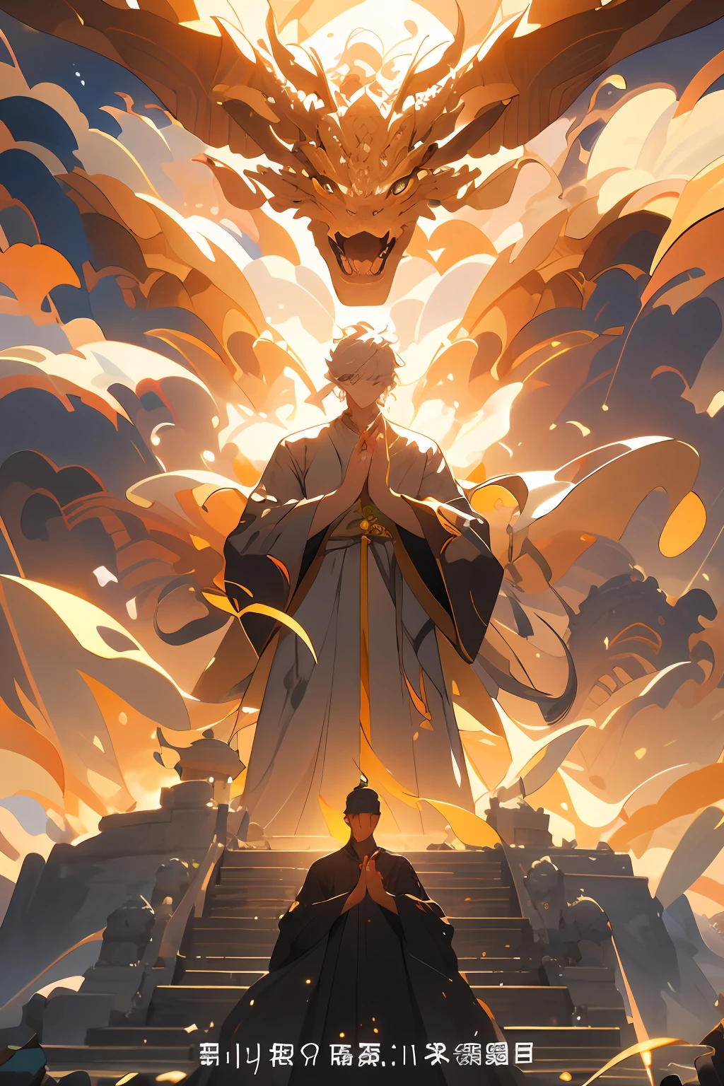 At the center of the illustration,There is a huge dragon,Its body is curved,The dragon scales shimmered with gold and green light。Its eyes are shining,It reveals a majesty and power。
In front of the dragon,Standing a devout monk。He wore an ordinary cassock,The face is calm,had his hands folded,It seems to be silently chanting scripture。His eyes were firm,Showing perseverance and courage in faith。
The surroundings are depicted as a tranquil valley,The clouds are thick,The mountains in the distance stand tall。Sunlight shines on the ground through the clouds,It creates a sacred and solemn atmosphere