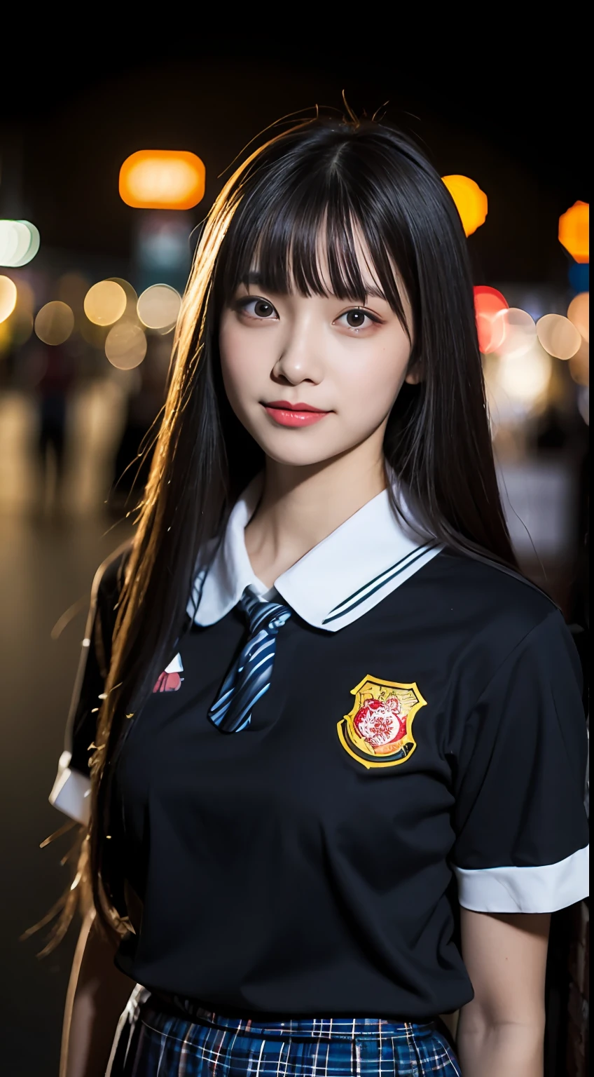 (8k, RAW photo, best quality, masterpiece:1.2), ultra detailed, ultra high res, (realistic, photo realistic:1.37), high detail RAW color photo, professional photograph, depth of field, an extremely delicate and beautiful, extremely detailed, 8k wallpaper, Amazing, finely detail, huge file size, official art, extremely detailed CG unity 8k wallpaper, extremely detailed beautiful girl, extremely detailed face, extremely detailed eyes, extremely detailed skin, extremely detailed fingers, extremely detailed nose, extremely detailed mouth, perfect anatomy, highly detailed background, extremely detailed clothing, 1girl, (18 years old:1.2), teenage, cute girl, famous japanese idol, kawaii, realistic body, petite, fair skin, shiny skin, slender body, good figure, black hair, long straight hair, (blunt bangs:1.2), smile, cute, young, cute face, baby face, realistic face, beautifully detailed eyes, drooping eyes, beautiful big eyes, large dark eyes, beautiful and clear eyes, (school uniform:1.2), bow, white collared shirt, skirt, short sleeve, looking at viewer, cowboy shot, face the front, standing posture, contrapposto, outdoors, (night:1.2), neon city, neon light, neon sign, public, crowd, dynamic lighting,