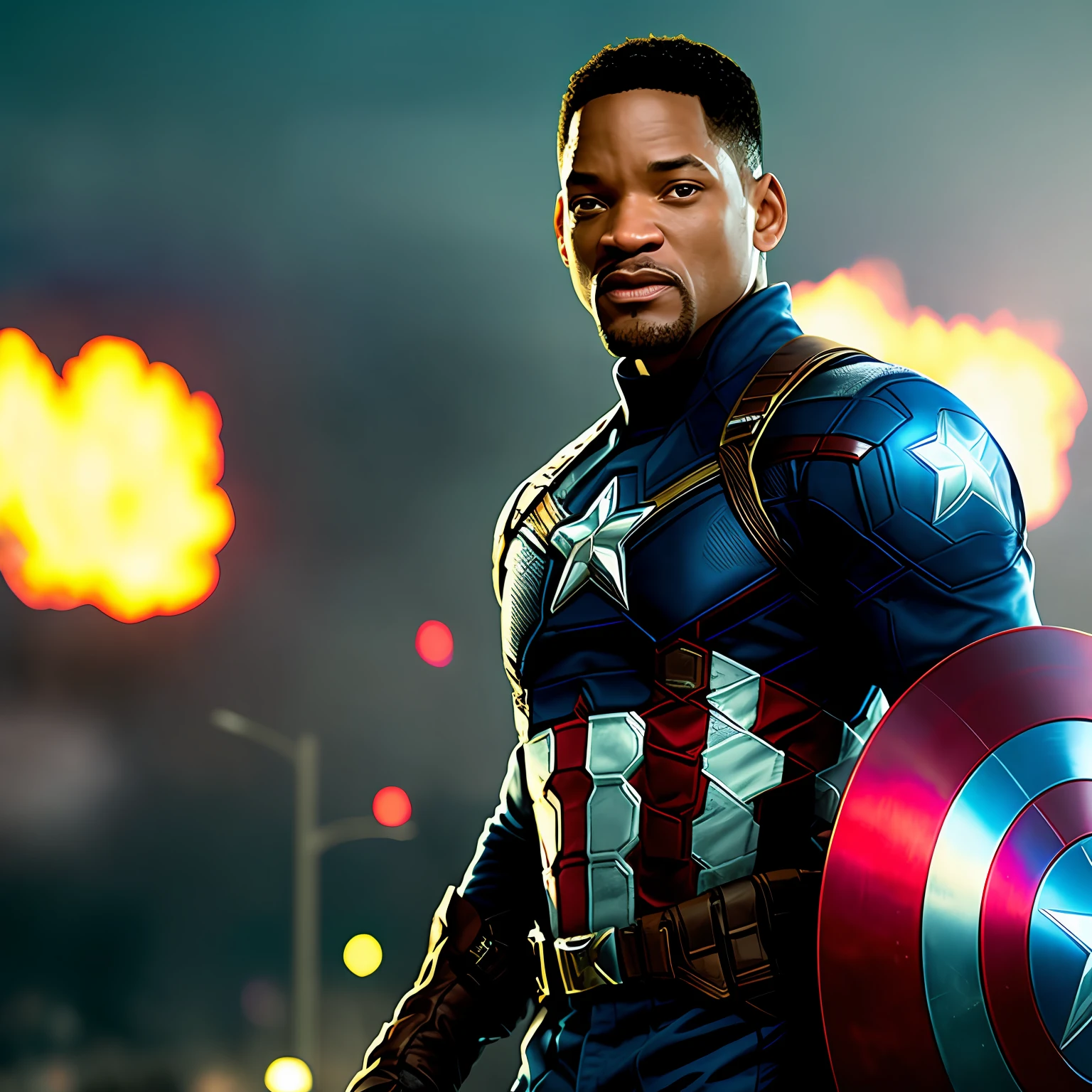 . . Tarantino style Will Smith as Captain America 8k, HD, face detail, face detail, eye detail, suit detail, Marvel and DC style, ultra-realistic, + cinema lens + dynamic composition, incredible detail, sharpening, detail + superb detail + night of lights + perfectionism + award-winning realism ((moody lights))
