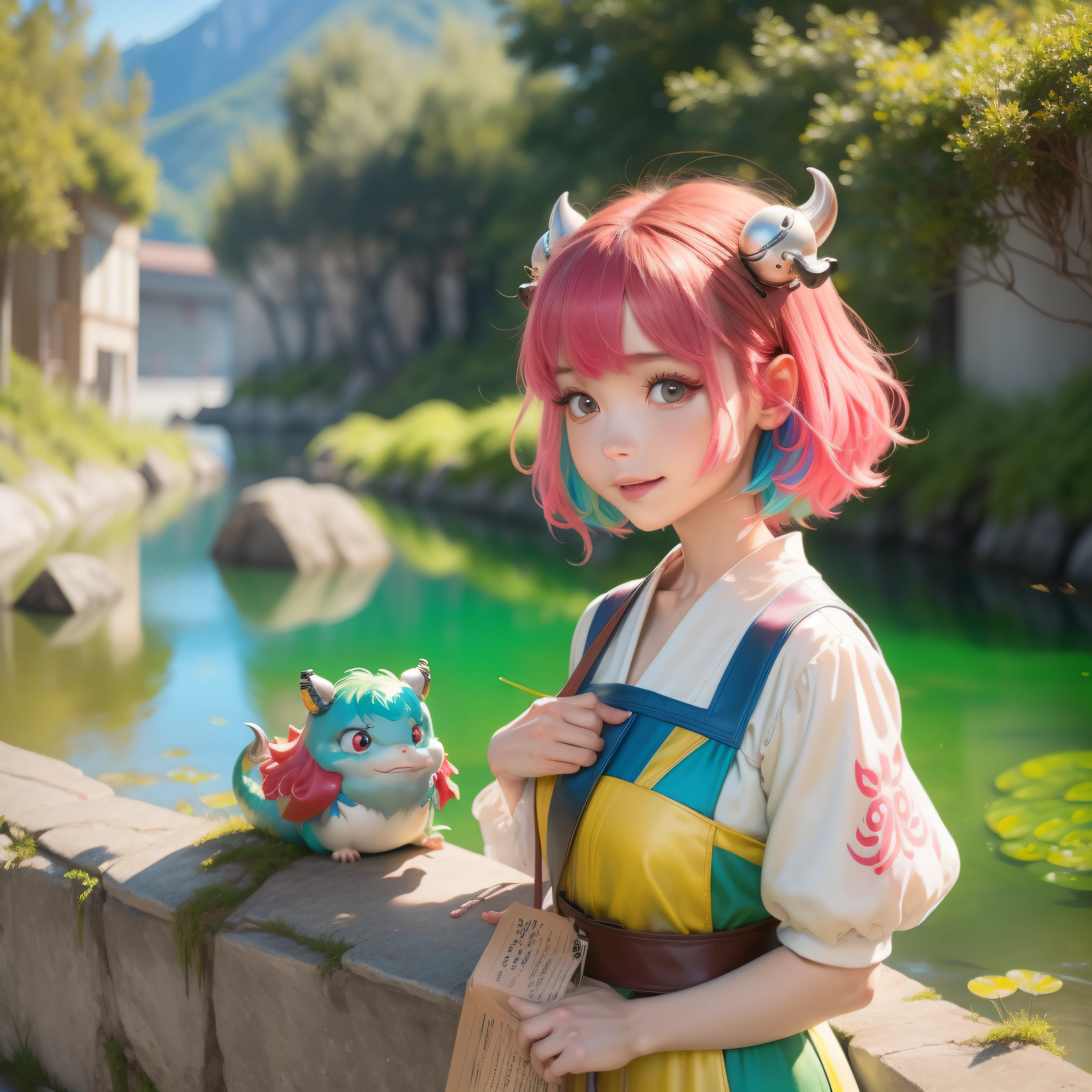 Hairpin, Multicolored eyes, Tyndall light effect, bit girl, adolable, hiyao miyazaki, comic strip, Dragon boat festival, jubilation, mountain water, Pink hair, Anime, Genre painting, Ghibli-like colors, Anime style, hyper HD, A high resolution, 8K, Masterpiece, Textured skin