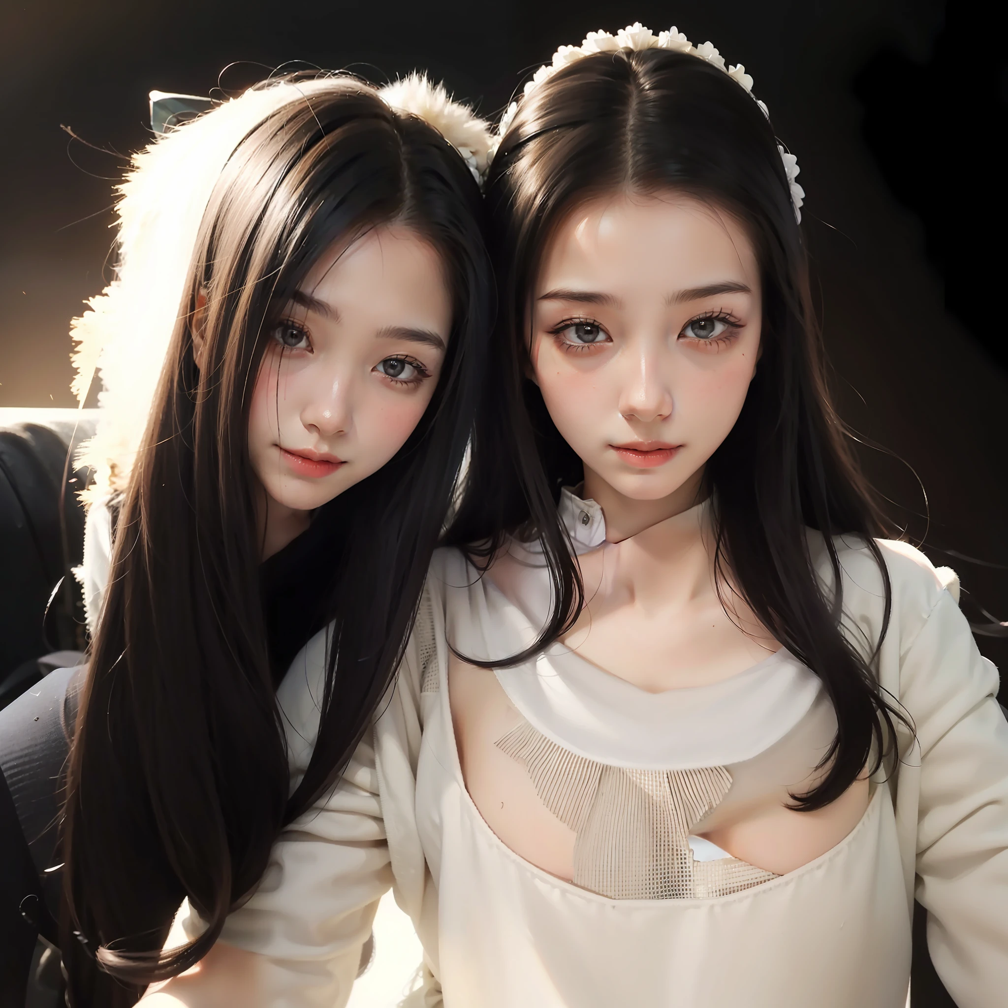 （voluminous hair:1.2，Tulle texture，1.2+Fill your face，long leges，Girl dancing dynamic pose，Long hair fluttering:1.2，Dark ink background，电影灯光)