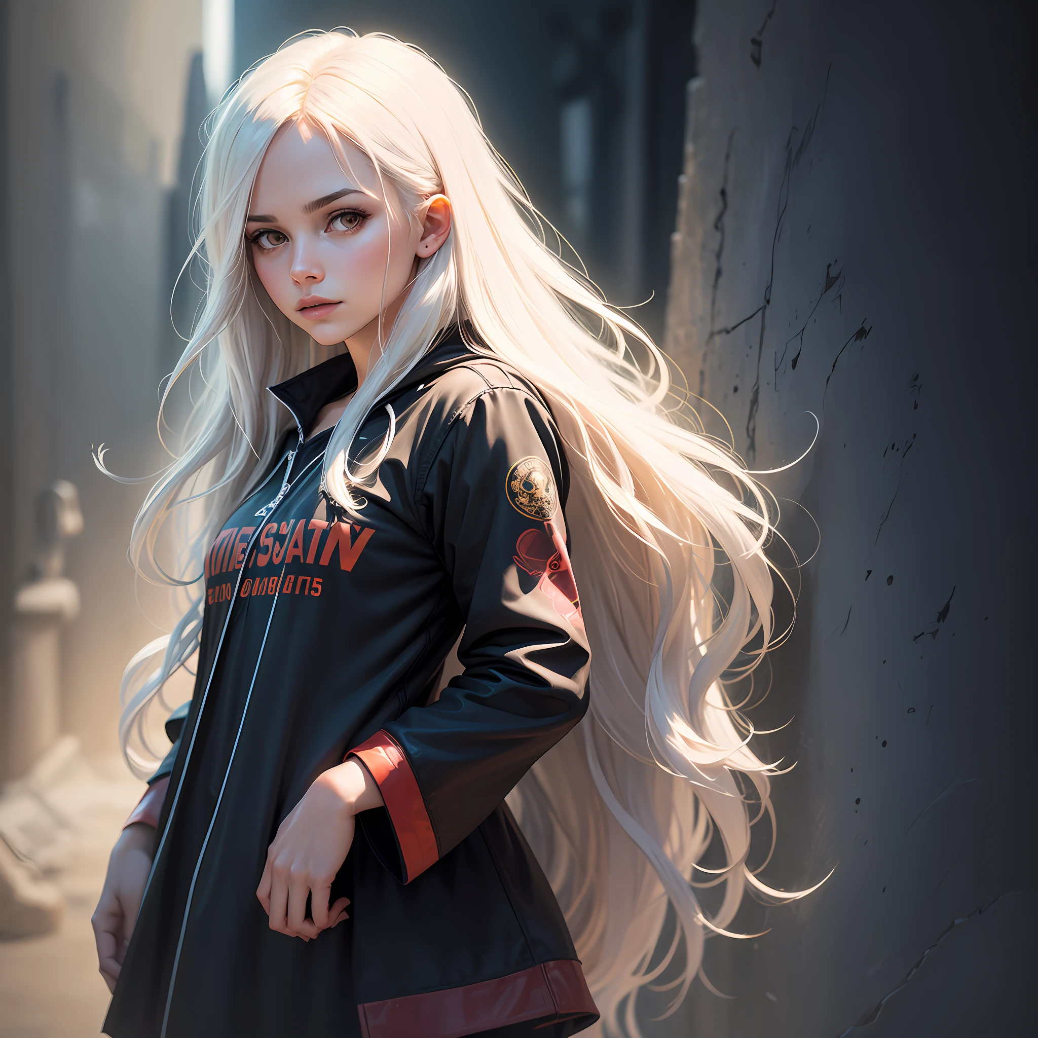 Hyperrealist portrait of female by david hockney and alphonse mucha,fantasy art, photo realistic, dynamic lighting, artstation, poster, volumetric lighting, very detailed faces, 4 k, award winning,, 1girl, in the dark, deep shadow, low key,cowboy shot,(official clothing:1.4) ,long hair,white hair, --auto