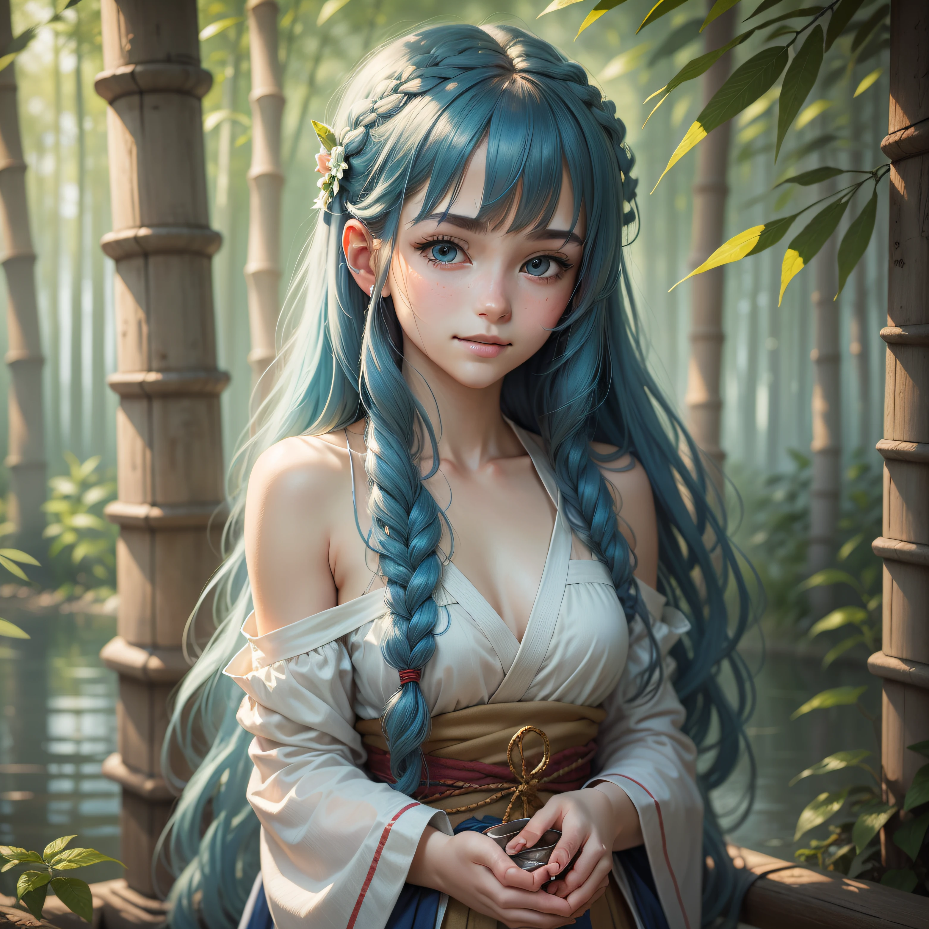 Masterpiece, best quality, official art, 8k wallpaper, highly detailed, illustration, 1 girl, sky blue hair, long hair, detailed eyes, Forrest Gump, bare shoulders, hanfu, lake, pure, soft smile, bamboo, tea