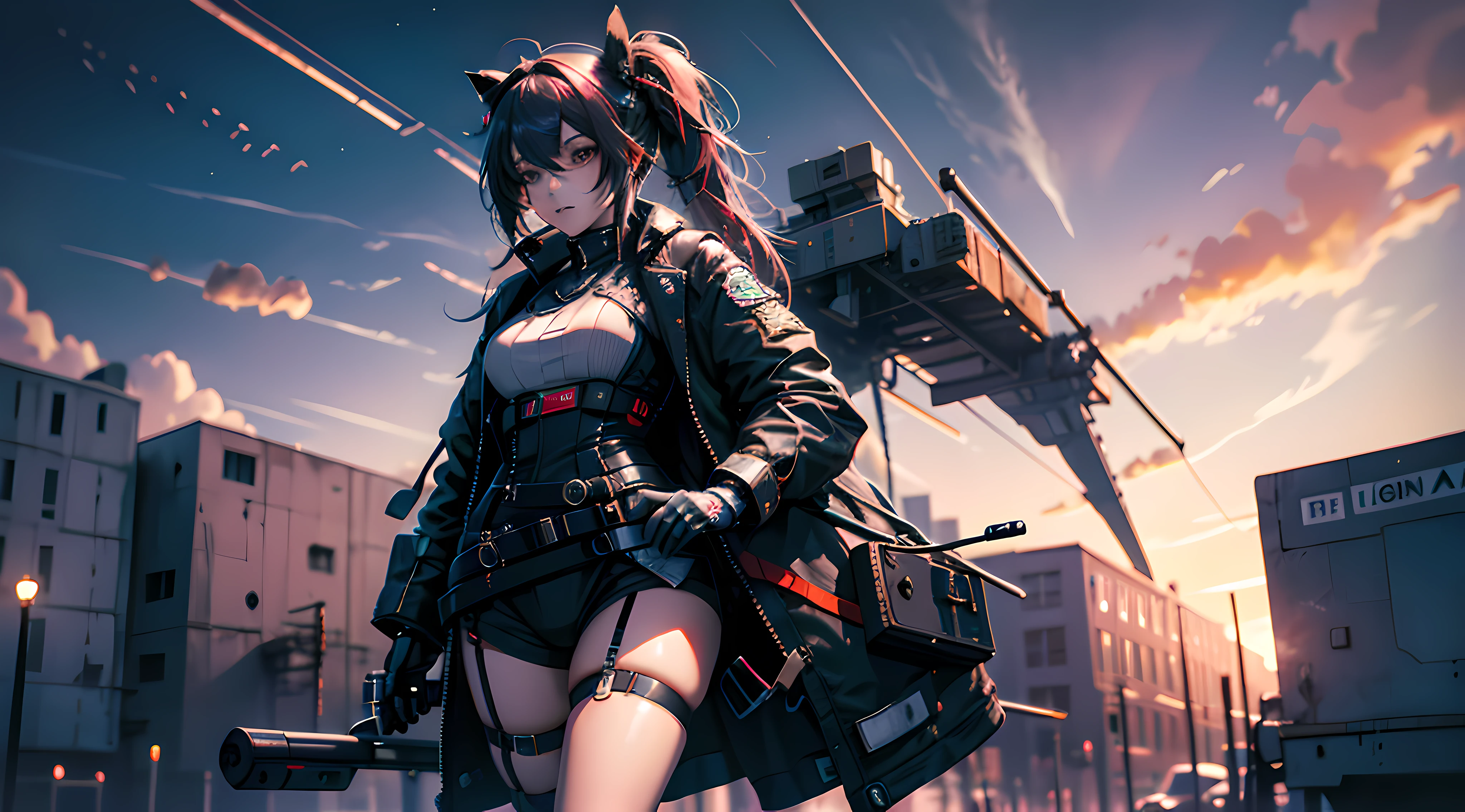 A high resolution，8k，High ponytailed girl，cyber punk perssonage，locomotive，the night