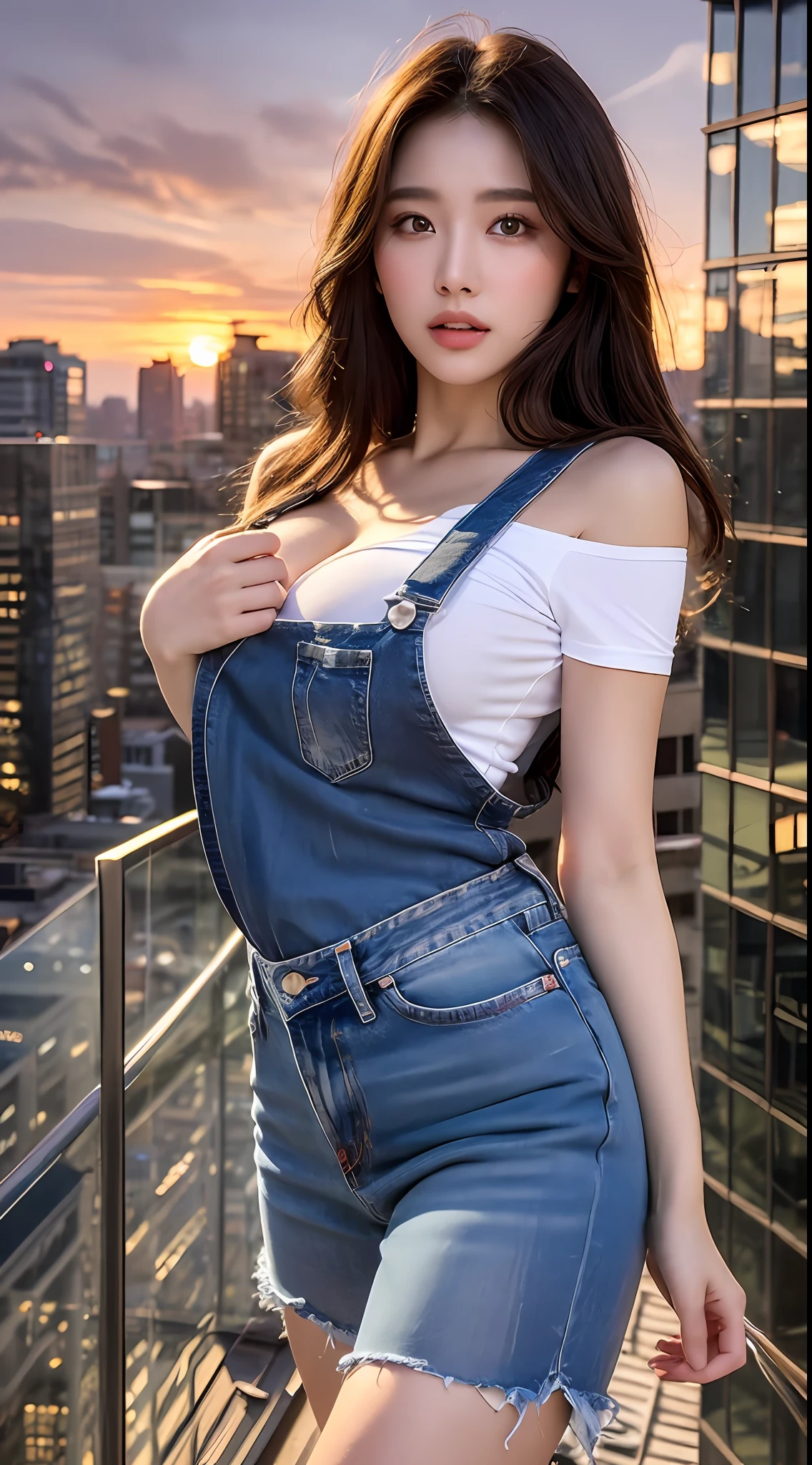 ((Midnight, Best quality, 8k, Masterpiece :1.3)), Whole body, Long legs, Sharp focus :1.2, A pretty woman with perfect figure :1.4, Slender abs :1.1, ((Dark brown hair, Big breasts :1.2)), (White tight tshirt, Jean bib, Standing:1.2), ((Night city view, Rooftop:1.3)), Highly detailed face and skin texture, Detailed eyes, Double eyelid, sunset, darken, backlit, off shoulder