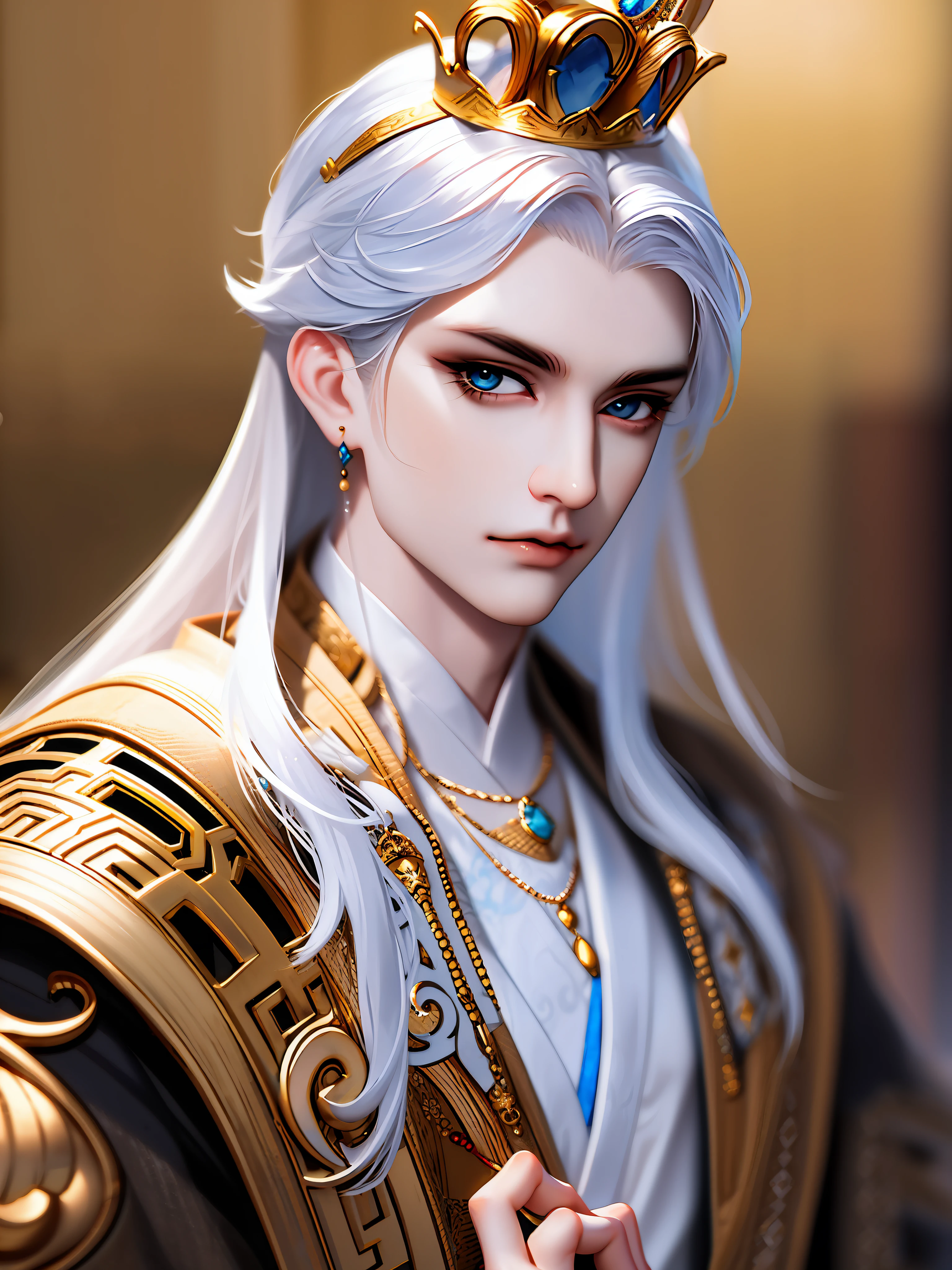 Best quality, masterpiece, highly detailed wallpaper, long hair, blue eyes, holding, blurry, long sleeves, blurry background, solo, 1boy, jewelry, white hair, chinese clothes, male focus, looking at viewer, crown, robe, hair ornament, closed mouth
