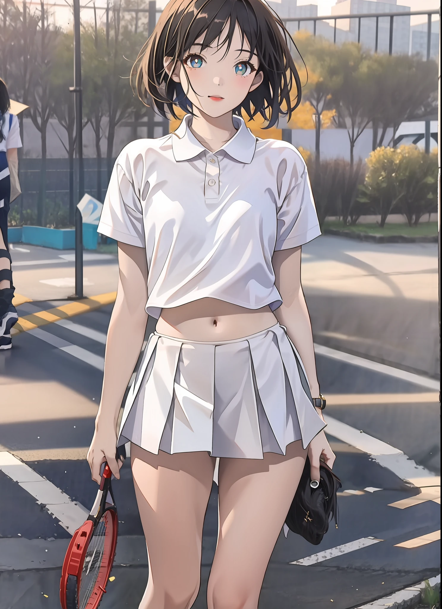 1girl, solo, white polo shirt, white sneakers, tennis wear, white mini skirt, masterpiece, best quality, realistic, super detailed, ridiculous, looking at the audience, short black hair, brown eyes, slender, dynamic light and shadow, high resolution, sharp focus, depth of field, fine eyes, sharp pupils, realistic pupils, (small chest: 1.6), (thigh thickness: 1.0), outdoor, sky