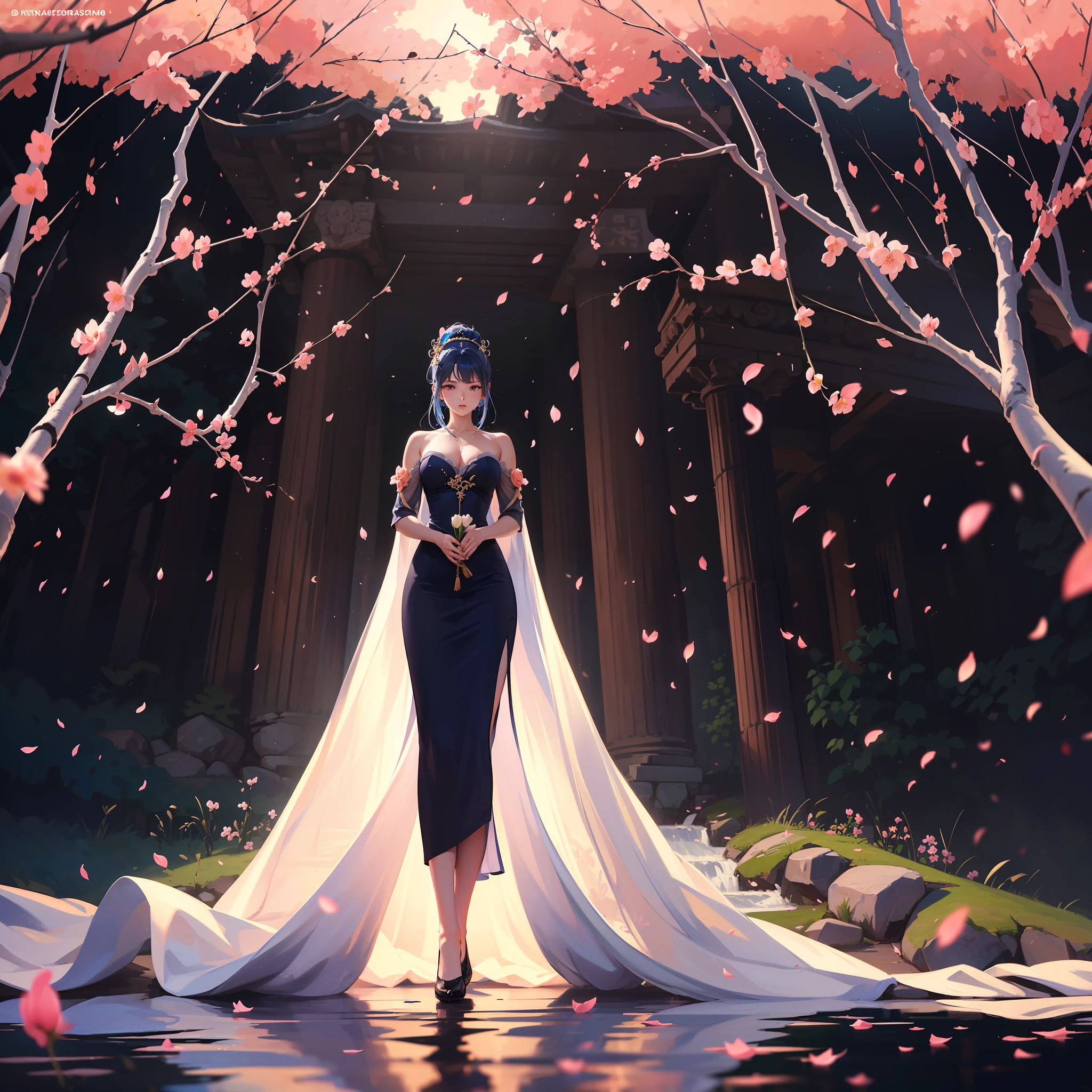 (((Masterpiece))), Best quality, Ultra-detailed, ((Blue hair:1)),Ancient style, perfectly proportions,(1girll),period costume,dress, Beautiful legs, Standing in the peach blossom forest, with petals falling, It is surrounded by peach blossom trees and flowing streams.