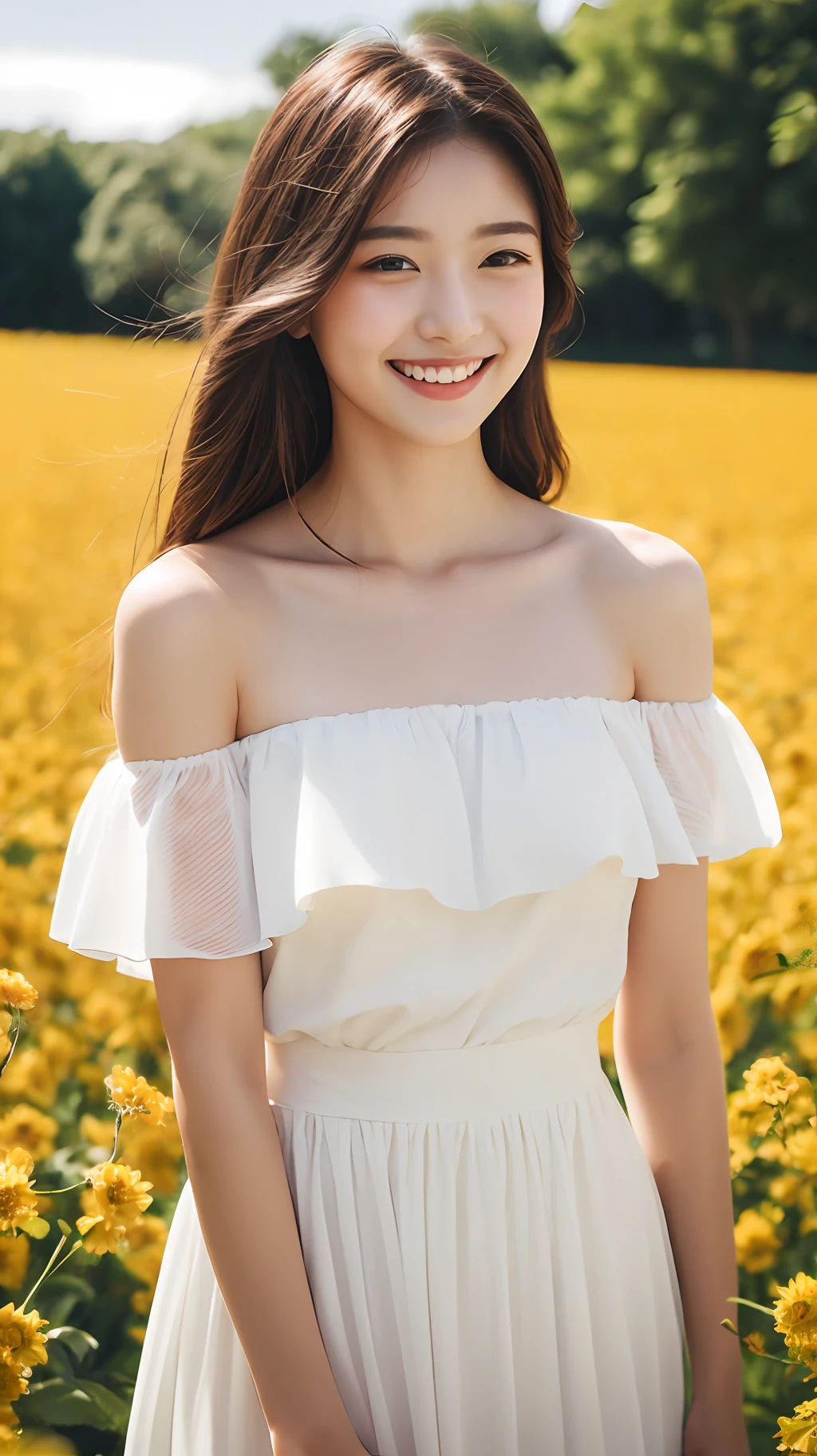 Best quality, masterpiece, ultra high res, (photorealistic:1.4), raw photo, 1girl, white dress, off shoulder, blossom flower field, glowing skin, light smile