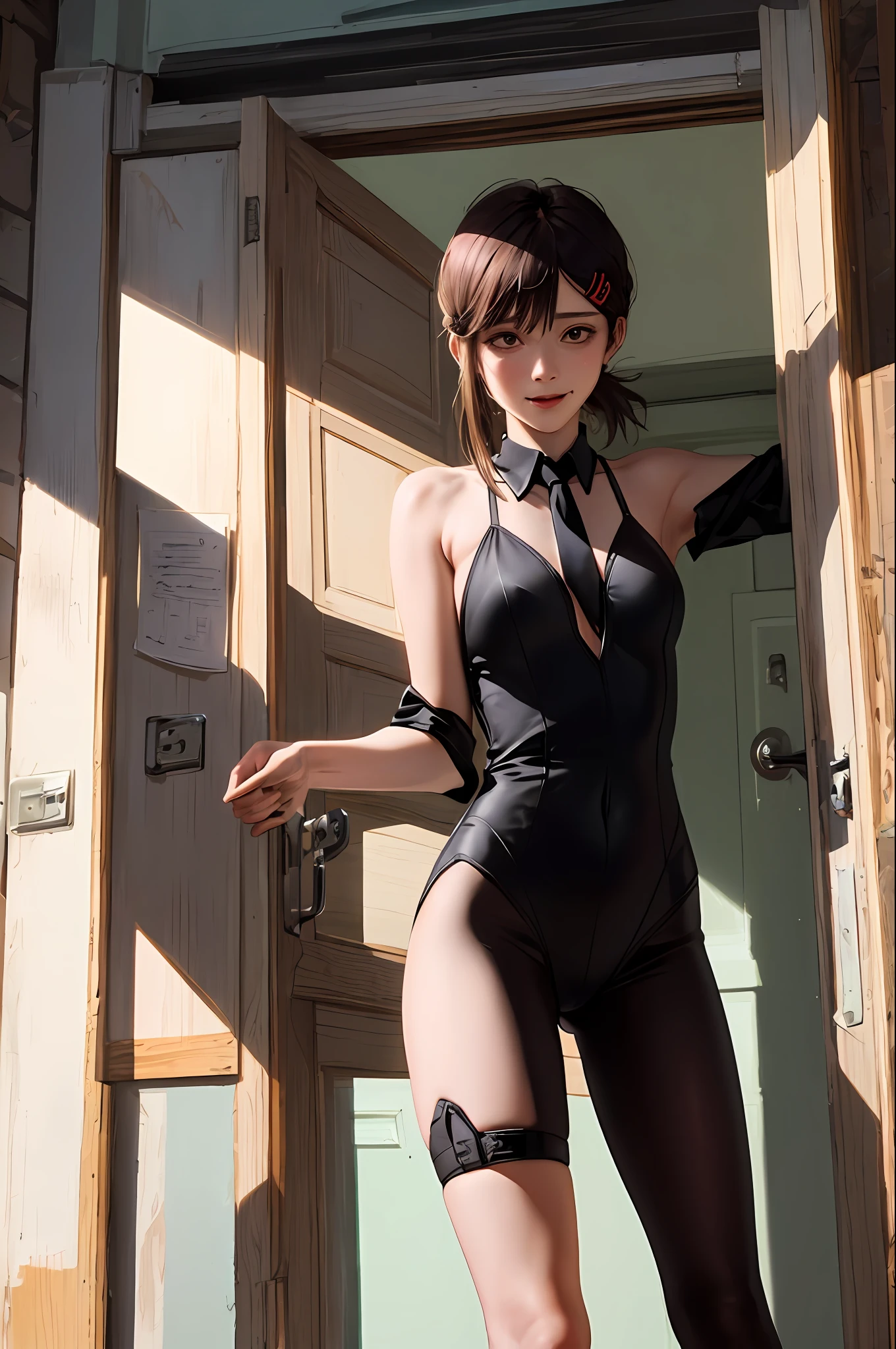 tmasterpiece,best qualtiy,ultra - detailed,illustratio,epic lighting,cinematic compositions,isometry,1girll,独奏,adolable,with brown eye,Black color hair,sweeping bangs,single hair,blouse with a white collar,black necktie,Black pantsuit,formal,a captivating gaze,captivating posture,inside in room,office room,doors,Open the door,looking at viewert,,Be red in the face,seduct smile,Shut your mouth,(8K:1.1),Gradient stockings