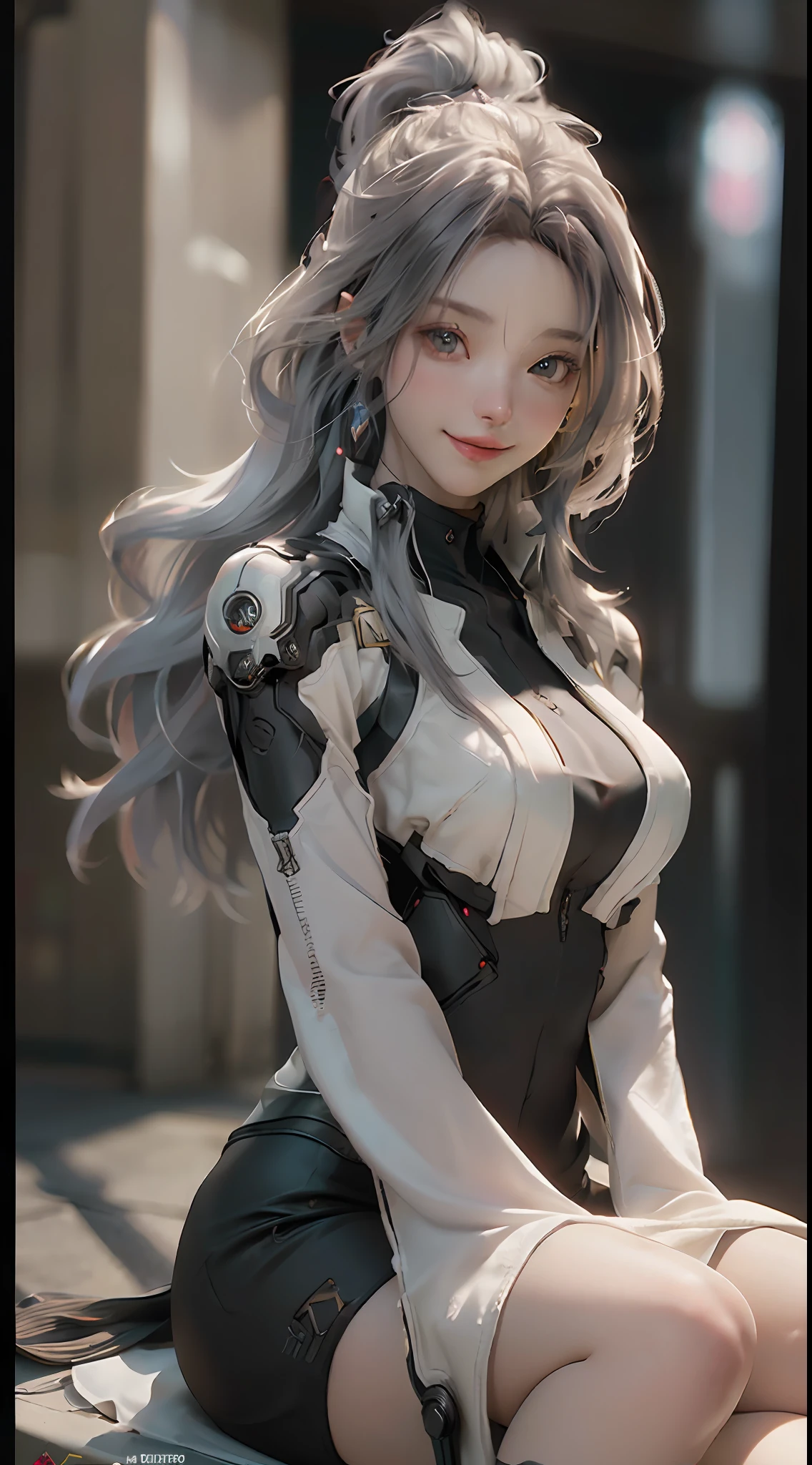 ((Best Quality)), ((Masterpiece)), (Detail: 1.4), 3D, A Beautiful Cyberpunk Female Figure, HDR (High Dynamic Range), Ray Tracing, NVIDIA RTX, Super-Resolution, Unreal 5, Subsurface Scattering, PBR Texture, Gray Hair, Incredibly Long Hair, Smile, Look Over, Sitting on a Motorcycle, Post-Processing, Anisotropic Filtering, Depth of Field, Maximum Clarity and Clarity, Multi-layered Texture , Albedo and Specular Mapping, Surface Coloring, Accurate Simulation of Light-Material Interactions, Perfect Proportions, Octane Render, Bicolor Light, Large Aperture, Low ISO, White Balance, Rule of Thirds, 8K RAW,
