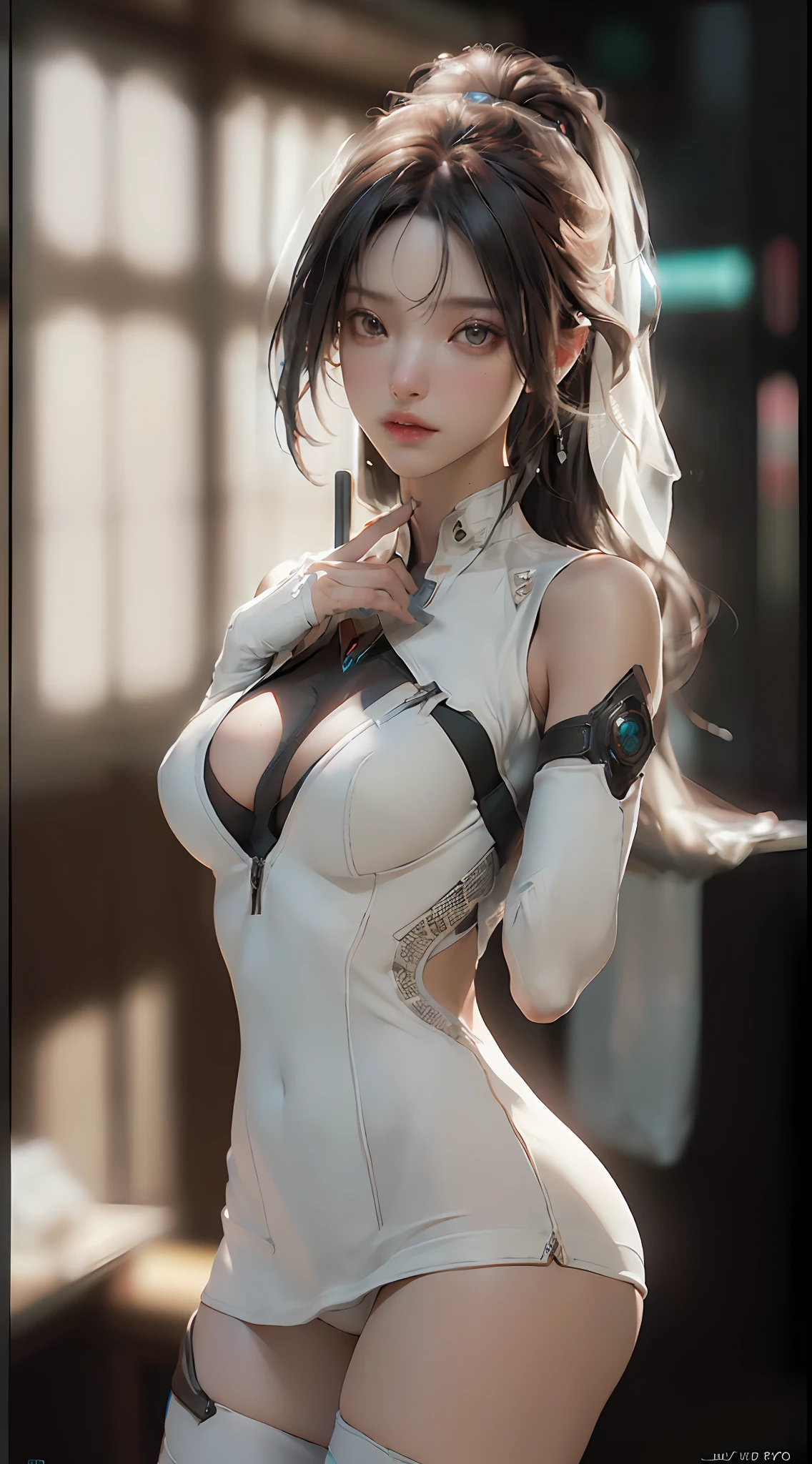 (Best Quality), ((Masterpiece), (Detail: 1.4), 3D, A Beautiful Cyberpunk Woman, HDR (High Dynamic Range), Ray Tracing, NVIDIA RTX, Super-Resolution, Unreal 5, Subsurface Scattering, PBR Textures, Post-Processing, Anisotropic Filtering, Depth of Field, Maximum Sharpness and Clarity, Multi-layer Textures, Albedo and Highlight Maps, Surface Shading, Accurate simulation of light-material interactions, perfect proportions, Octane Render, two-color light, large aperture, low ISO, white balance, rule of thirds, 8K RAW, stockings, large breasts