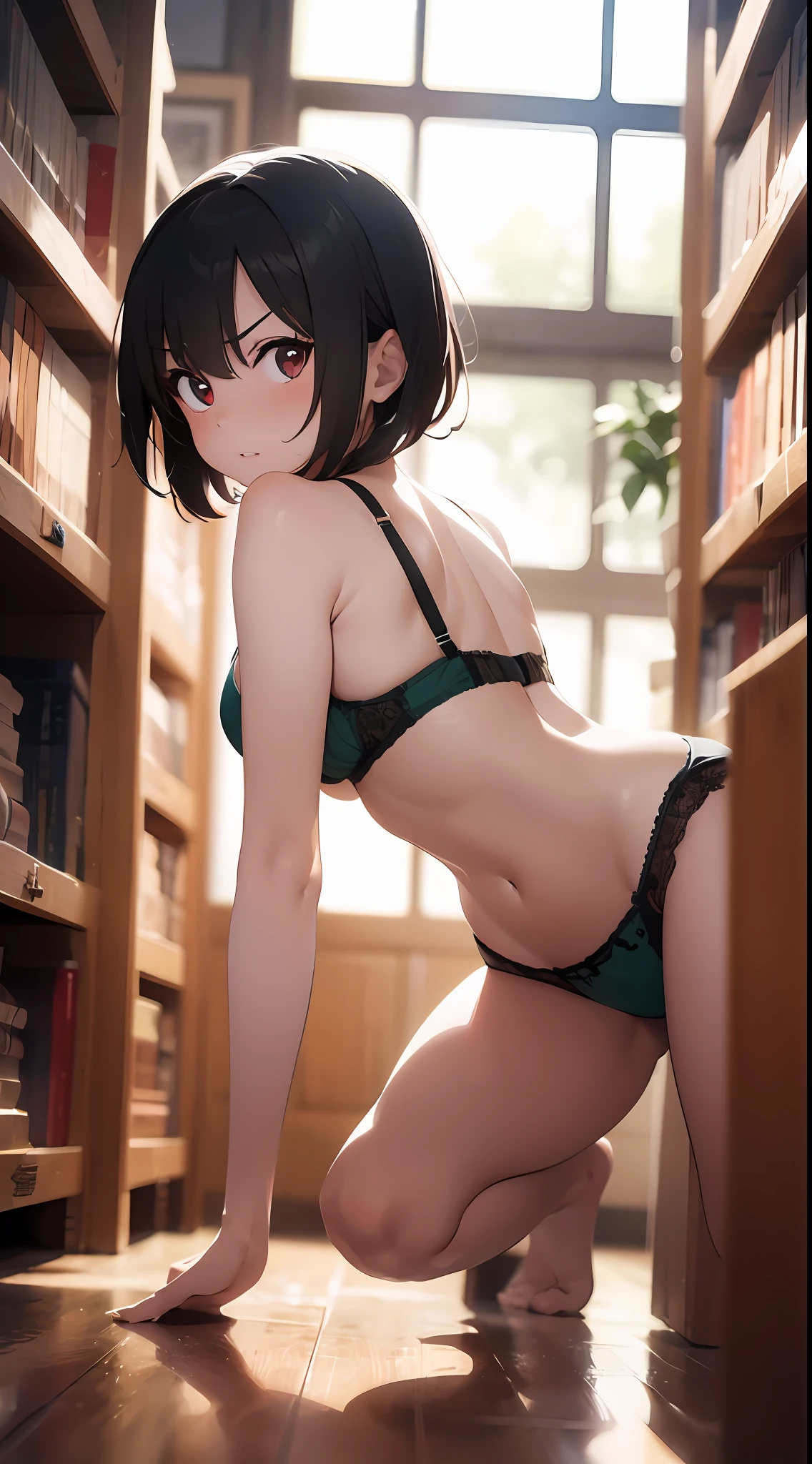 one woman,green bra,lightslategray suit,green back lace panties,on all fours,sexy pose,tiny breasts,tall of a person,gleaming skin,beautiful face,slanted eyes,thin eyebrows,thin lips,embarrassed,angry,naughty expression,excited,flushed cheeks,short hair,wave hair,black hair,red eyes,from behind,indoor,library,illustration style,anime style,masterpiece, extremely fine and beautiful,illustration,adult woman