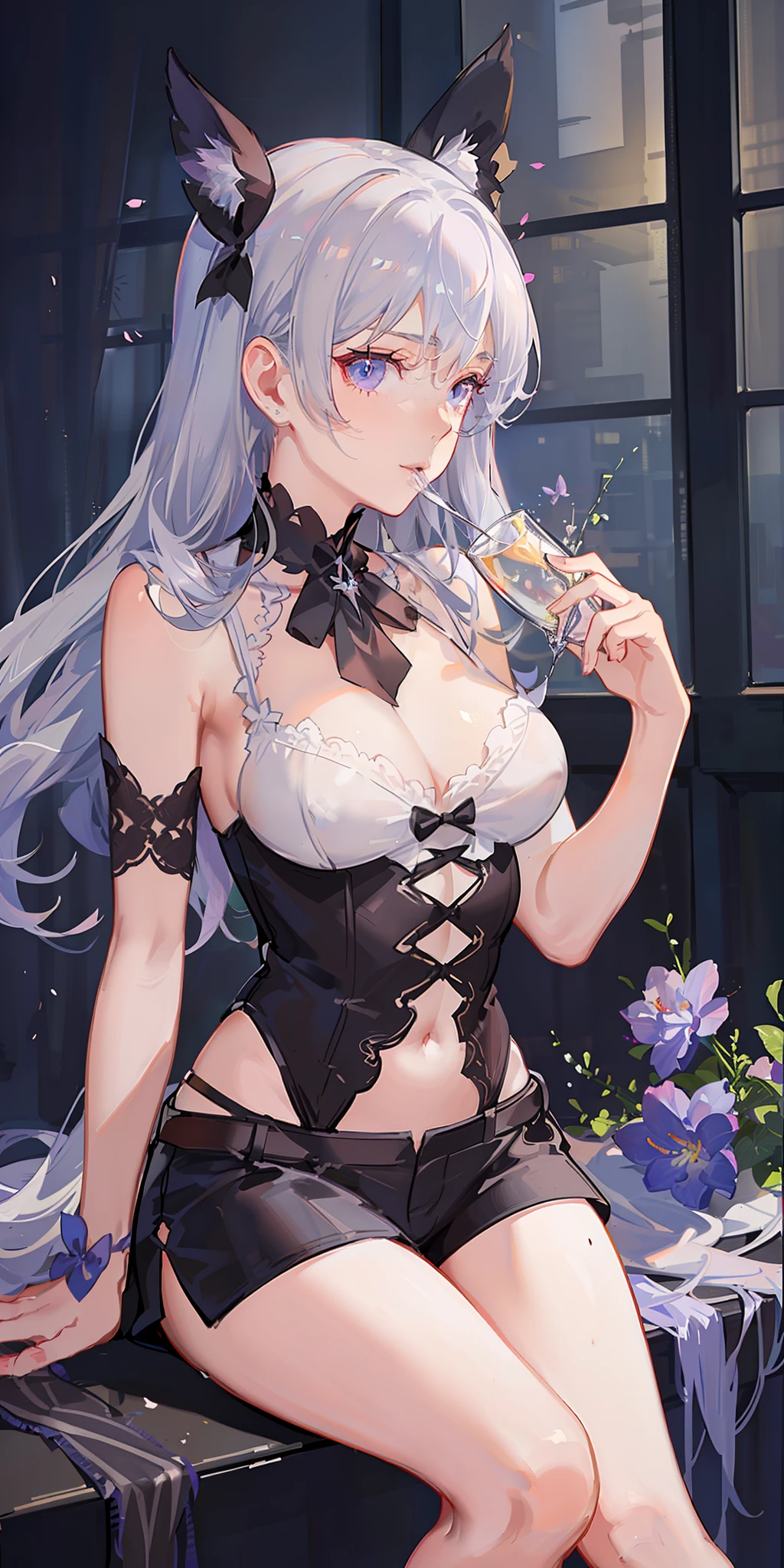 ((masterpiece)), ((best quality)), ((anime profile style)), ((HD 4k)), ((female anime character)), ((Rin Tohsaka character)), (( pale skin)), ((Beautiful body)), girl, female face, Happy, ((white mask on mouth)), ((Light lilac eyes)), Eyelid, Pupil, Sclera, Iris, eyebrow, eyelashes, ear of fox, nose, ((giant lilac hair)), ((fringe)), ((hair details)), ((light effects on hair)), ((Babydoll Pajamas Women's Sleepwear With Straps With Shorts - Red)), ((lights effect on clothes)), ((body lights effect)), neck, Shoulders, (thin waist), ((perfect belly)), arms, ((thick legs)), ( (big thigh)), ((background scenery)), ((in bedroom)), ((bed, window, TV, wardrobe, chest of drawers, rug)), ((lighting)), viewer view