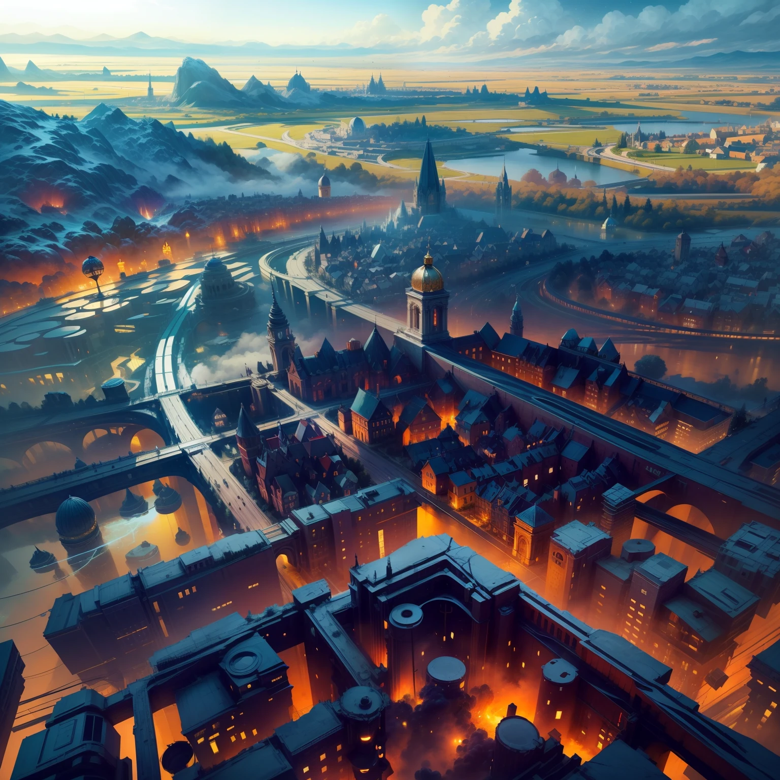 Aerial view of European cities,Look down from a very high place,The European-style court is located in the center of the picture,The surrounding European-style buildings are scattered into starry shapes, From dense to sparse outward。The sky is clear,The earth was pitch black,The path is rough,The arrangement is irregular,super detailing,Best quality at best,tmasterpiece。