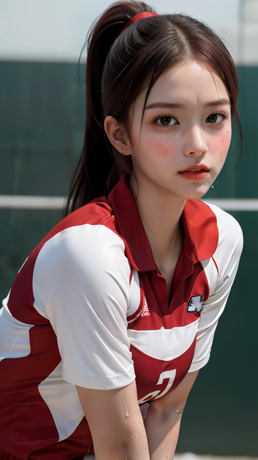 masterpiece:1.2, best quality), realistic, (real picture, intricate details, depth of field),
(1girl, solo), make up, parted lips, highly-detailed, perfect face, (medium breasts:1.4), small waist, tall,
glossy coral lips, red hairs, red eyes, ponytail, (A girl playing volleyball, white volleyball uniform),
(sweating:1.2), (wet), sexy, blushing,