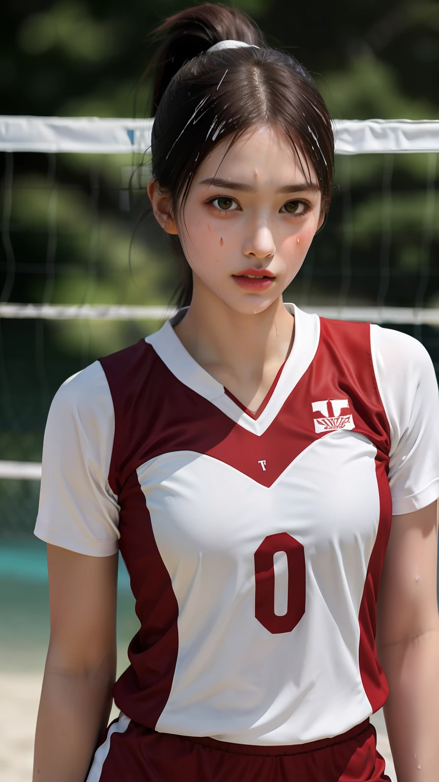 masterpiece:1.2, best quality), realistic, (real picture, intricate details, depth of field),
 (1girl, solo), make up, parted lips, highly-detailed, perfect face, (medium breasts:1.4), small waist, tall, 
glossy coral lips, red hairs, red eyes, ponytail, (A girl playing volleyball, white volleyball uniform),
 (sweating:1.2), (wet), sexy, blushing,