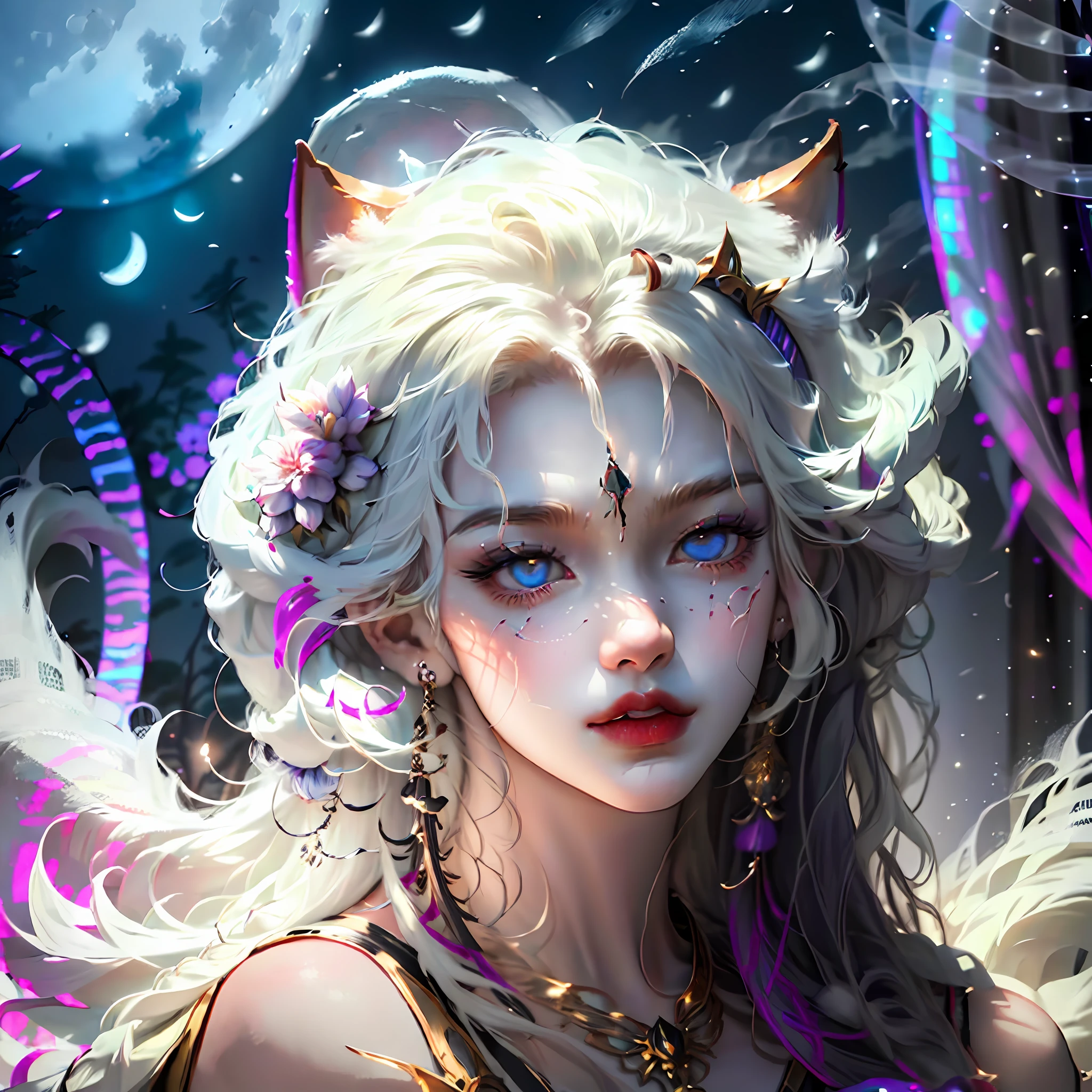 Nine-tailed fox white side position Full moon night Fierce eyes Huge body Opposite the gaze of a young man The young man is slightly small --auto