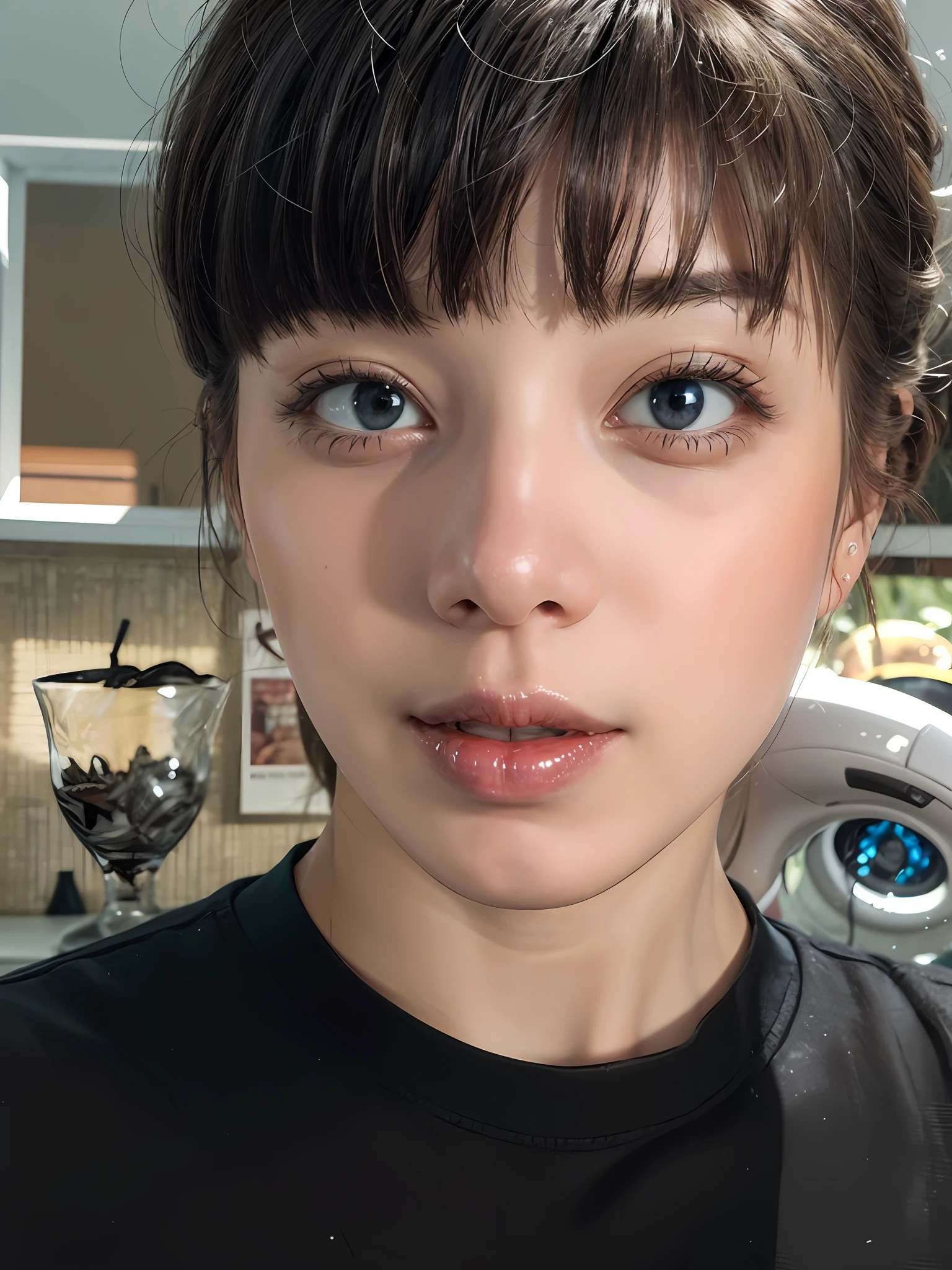 8k,best qualtiy,tmasterpiece,realisticlying,hyper-detailing,photograph realistic,Ultra photo realsisim,Smoother lighting,increase cinematic lighting quality,realistic illumination,The light from the back window is backlighted,Brighten light,enchanced quality,Best quality real textured skin,
closeup cleavage, slim, cute face, ssmile, beatiful detailed eyes, prette, Electric blue drill hair, hooding,