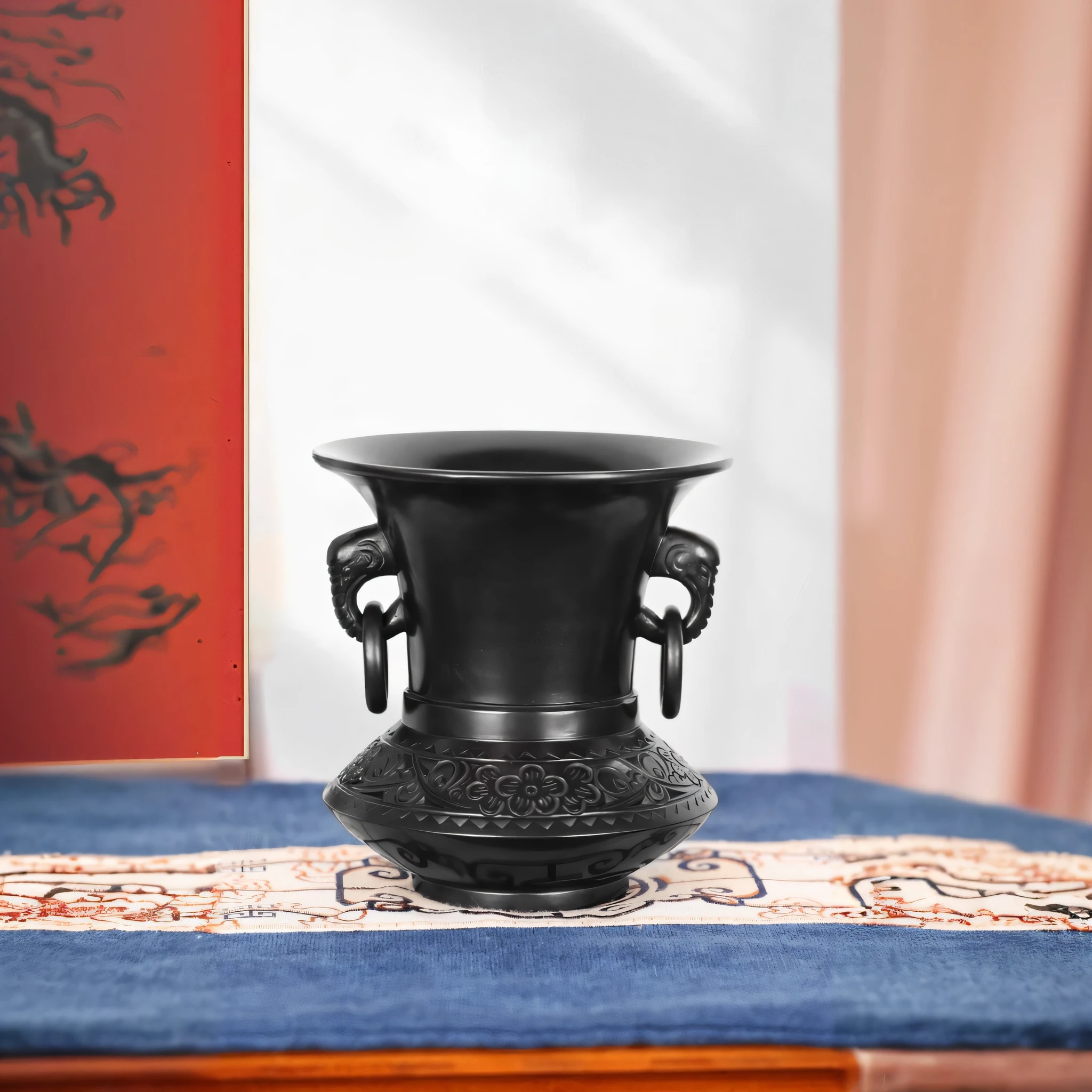 On the table was a black vase,There was a red book on it, inspired by Xuande Emperor, style of chinese vase, ancient chinese ornate, by Xuande Emperor, ancient china art style, lacquerware, vases, inspired by Wang Jian, inspired by Gu An, with ancient chinese aesthetic, dslr photo of a vase on a table, inspired by Zhang Zeduan