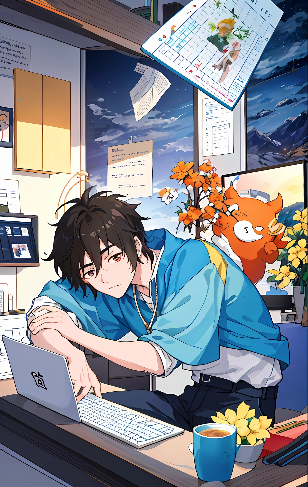 There is a man who uses a computer to work,He looked tired, Inspired by Bian Shoumin, inspired by Chen Daofu, inspired by Huang Gongwang, Inspired by Zhang Han, Digital anime illustration, Work with a keyboard, Inspired by Seki Dosheng, inspired by Ma Yuanyu, inspired by Wuzhun Shifan, Inspired by Xiao Yuncong