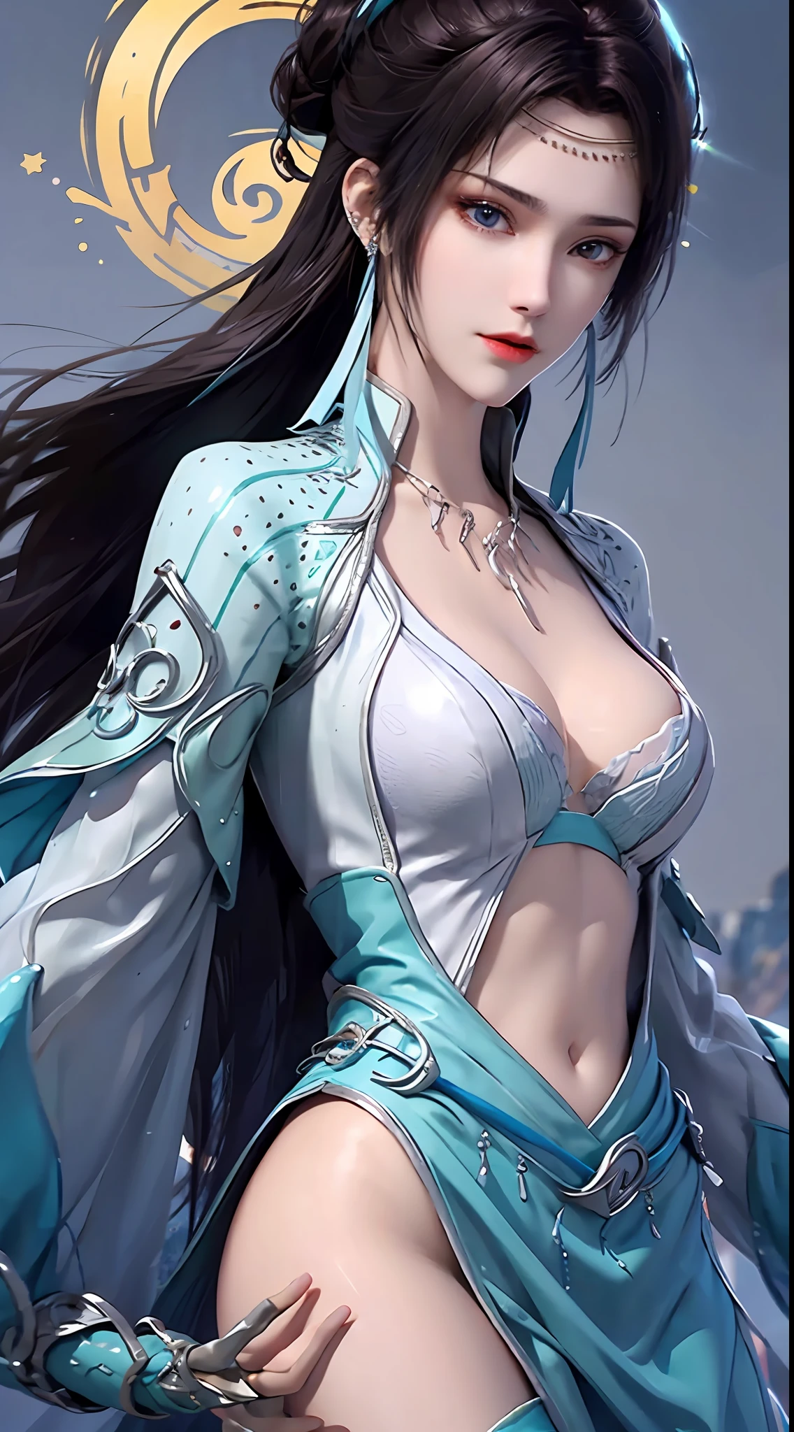 1 hot sexy beautiful girl in hanfu blue silk blouse, blue silk top with white pattern, white lace trim, long purple black ponytail, blue aura on the girl's back, hair jewelry, ear jewelry, necklace and necklace, big blue eyes meticulously made up, thin eyebrows, extremely detailed and sharp eye makeup, high nose, pretty red lips, no smile, pursed lips, rosy cheeks, enlarged breasts, large breasts, well-proportioned breasts, slim waist, blue mesh socks, wide sleeves, Chinese hanfu style, fantasy art motifs, vivid and realistic colors, RAW photo, realistic photo, ultra high quality 8k surreal photo, (great lighting effect: 1.8), 10x pixels, magic effect (background): 1.8), super detailed eyes, half girl upper body, girl portrait, girl alone, hanfu historical background,