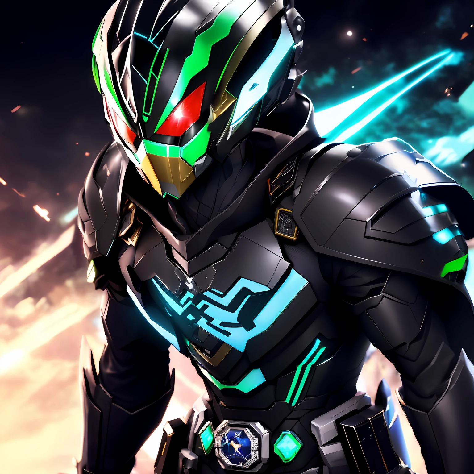 Close-up of a man in a suit wearing a glowing helmet, high fantasy kamen rider, kamen rider character, Kamen Rider, Badass anime 8 K, Best anime 4k konachan wallpaper, kamen rider action pose, kamen rider ghost, fractal cyborg ninja background, trigger anime artstyle, high detailed official artwork, cyber fight armor, infini - d - render