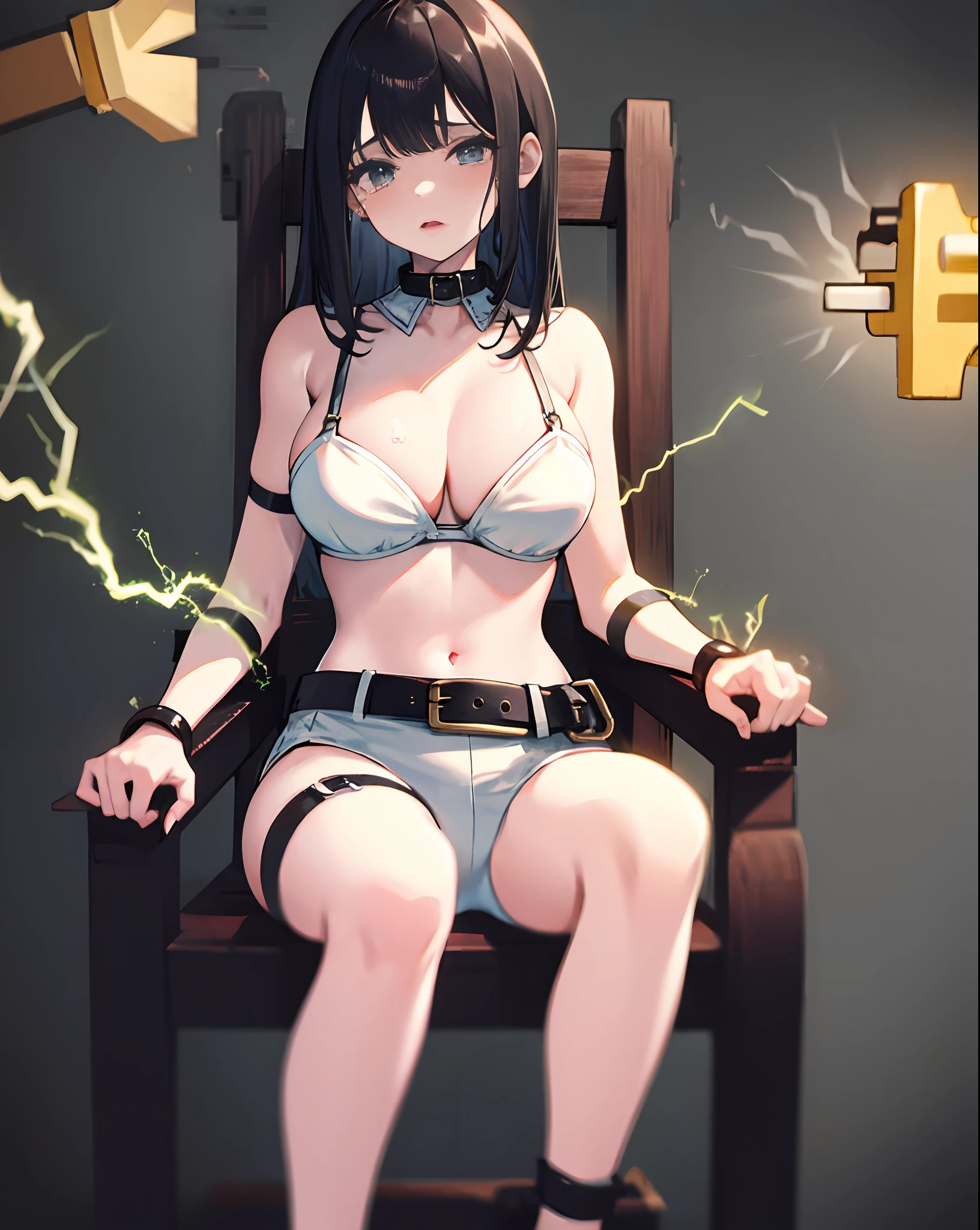 1girl,solo,white bikini, bondage,bdsm,restrained, sitting,chair,black hair,kashino,  huge breasts, , belt,collar, chest harness,navel,harness, electricity, tears,lightning, , trembling,