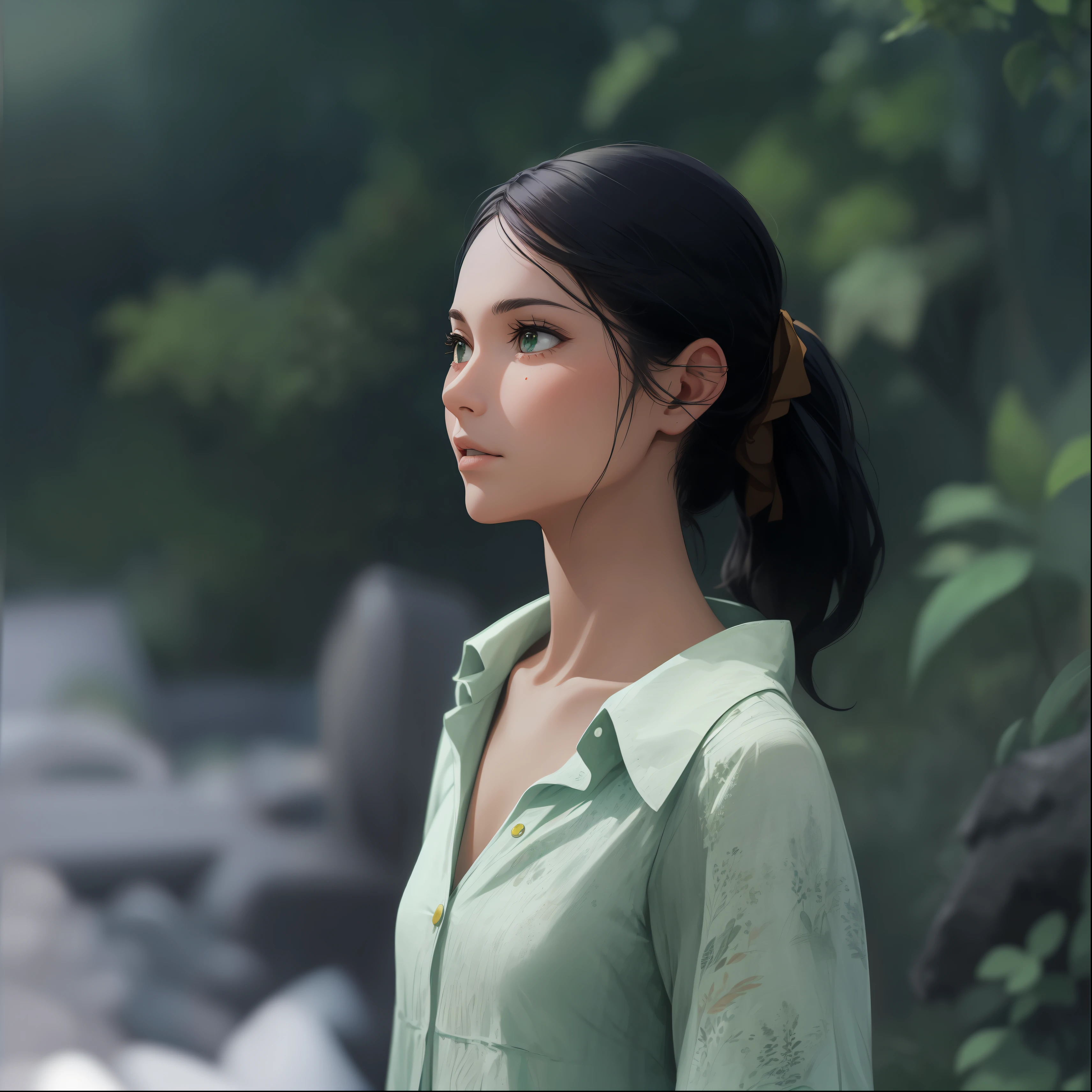In a green meadow stands a girl leading a group of knights.
BREAK
With a brave expression, she guides them towards their destination.
BREAK
Behind her, a green forest stretches out and beyond that, mountains rise in the distance.
BREAK
The most suitable effect for this scene would be a watercolor painting technique to capture the softness of the meadow and the fluidity of the movement.