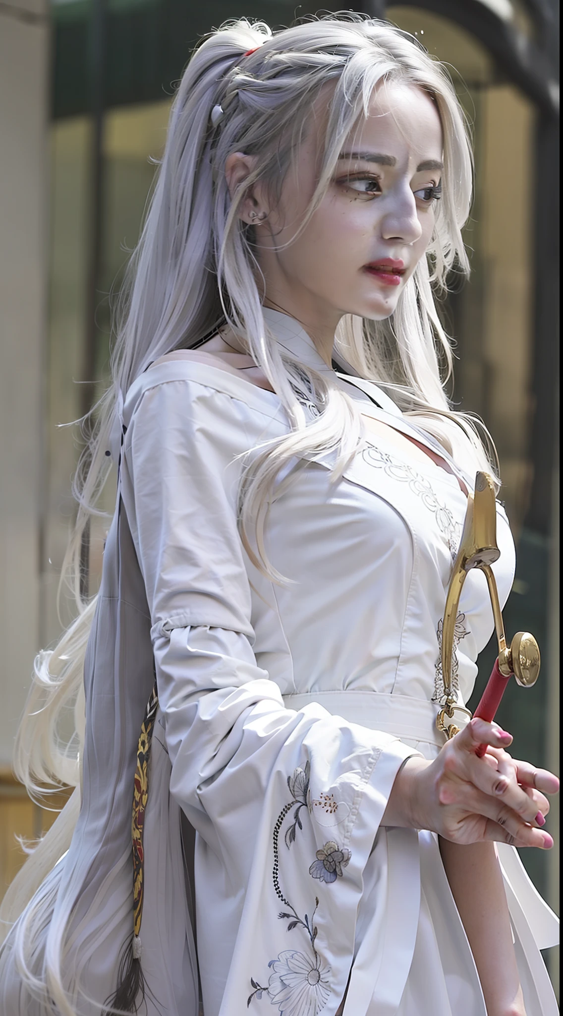1 girl, white hair, hanfu, embroidery, detail, off-the-shoulder, cleavage, hanfu, front, full body photo, close-up, (best quality: 1.4), ((masterpiece)), ((realistic)), (detailed), (realistic: 1.4),