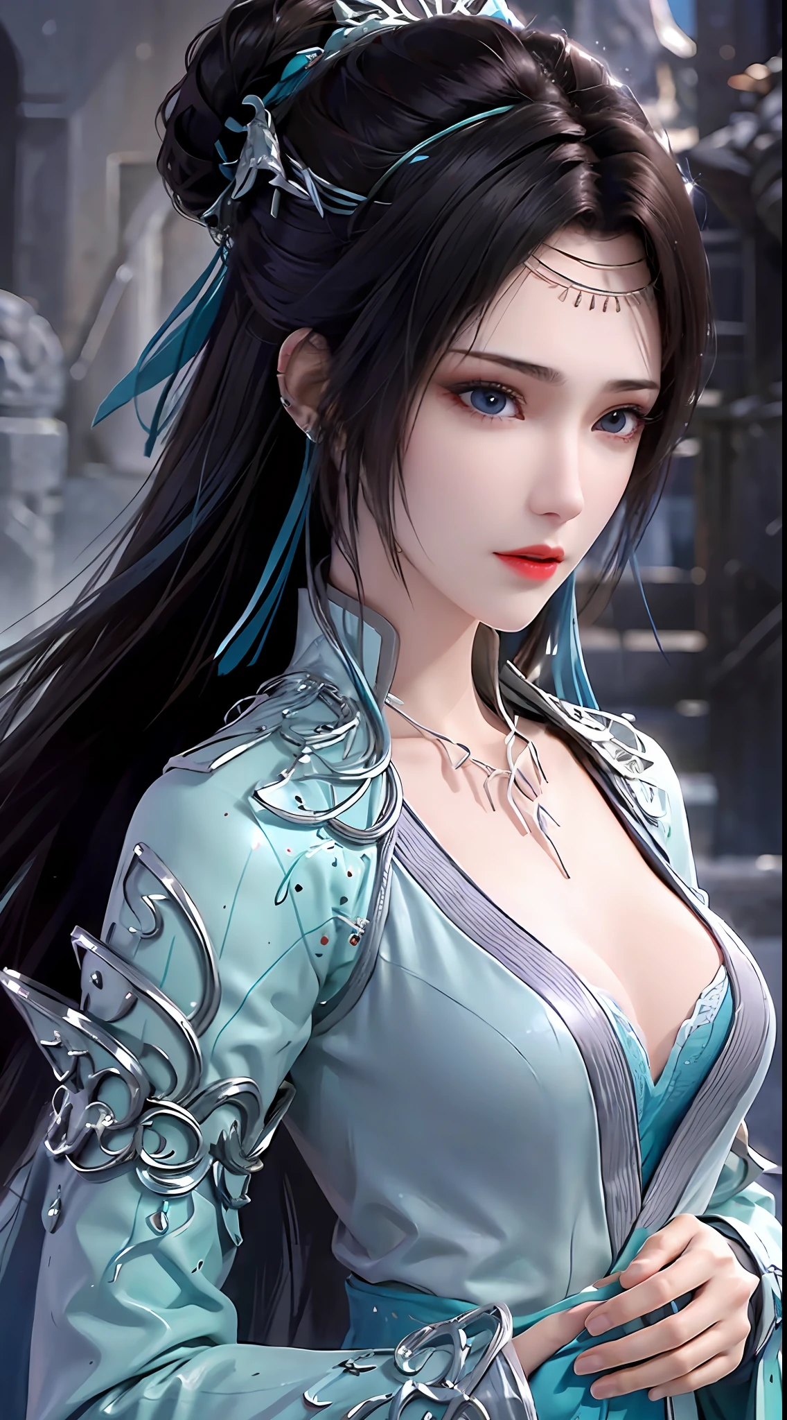 1 hot sexy beautiful girl in hanfu blue silk blouse, blue silk top with white pattern, white lace trim, long purple black ponytail, blue aura on the girl's back, hair jewelry, ear jewelry, necklace and necklace, big blue eyes meticulously made up, thin eyebrows, extremely detailed and sharp eye makeup, high nose, pretty red lips, no smile, pursed lips, rosy cheeks, enlarged breasts, large breasts, well-proportioned breasts, slim waist, blue mesh socks, wide sleeves, Chinese hanfu style, fantasy art motifs, vivid and realistic colors, RAW photo, realistic photo, ultra high quality 8k surreal photo, (great lighting effect: 1.8), 10x pixels, magic effect (background): 1.8), super detailed eyes, half girl upper body, girl portrait, girl alone, hanfu historical background,
