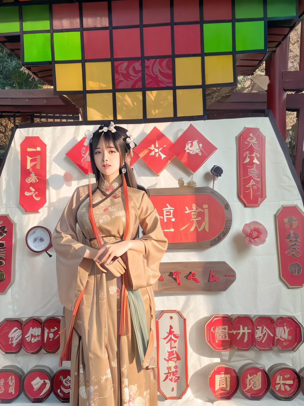 (Guqin:1.3,Girl playing guqin:1.4),(Han and Tang charm,Chinese style ancient songs),(Temple inner courtyard,Antique moods),(Light and shadow intertwined,Fluctuating slightly),(The fairy is dressed in Hanfu,Wear hair accessories),(myocs.com works,Chinese mythology,Daughter of Garan),(Ink painting style,rays of moonlight),Red petals spilled
